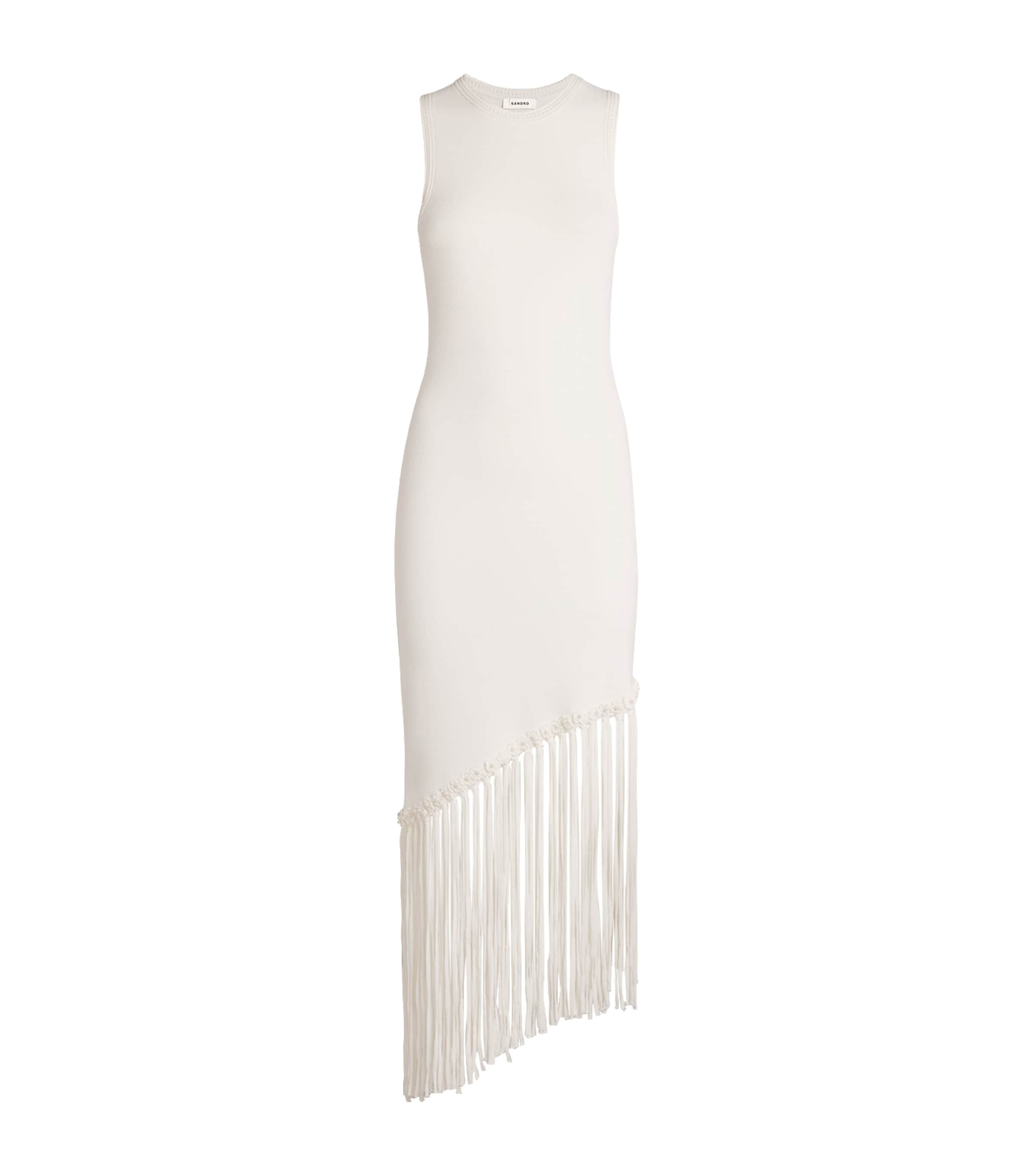 Sandro Heloise Asymmetric Fringe-trim Midi Dress In Beige
