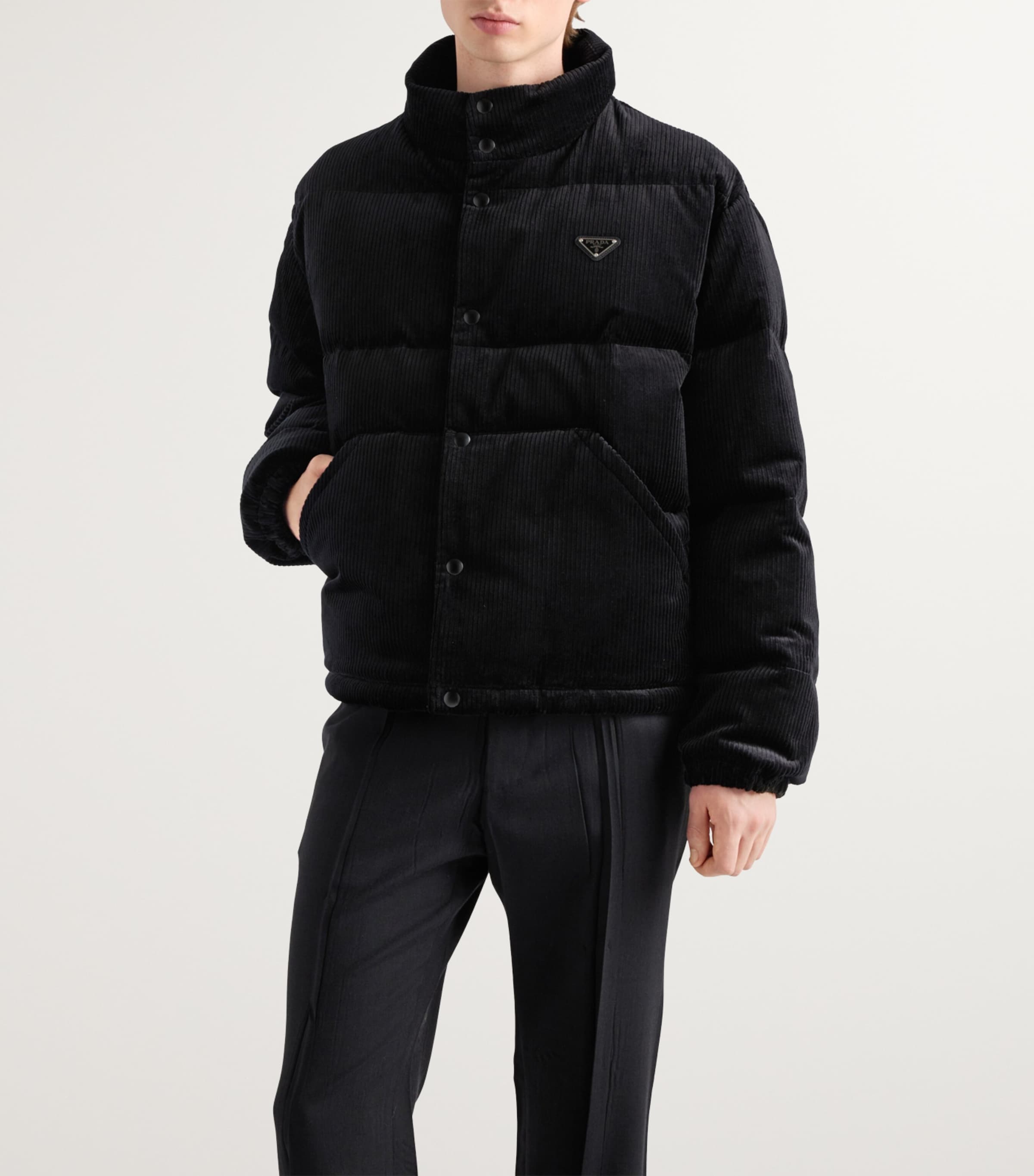 Prada Black Corduroy Cropped Down Coat | Harrods UK