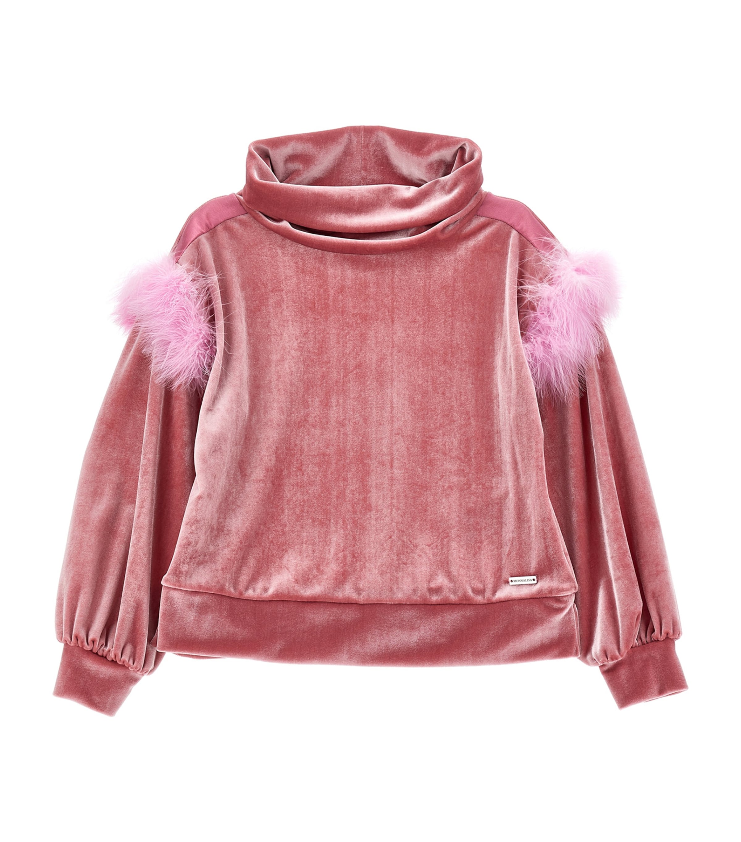 Monnalisa Kids' Velvet-feather Rollneck Sweatshirt In Pink