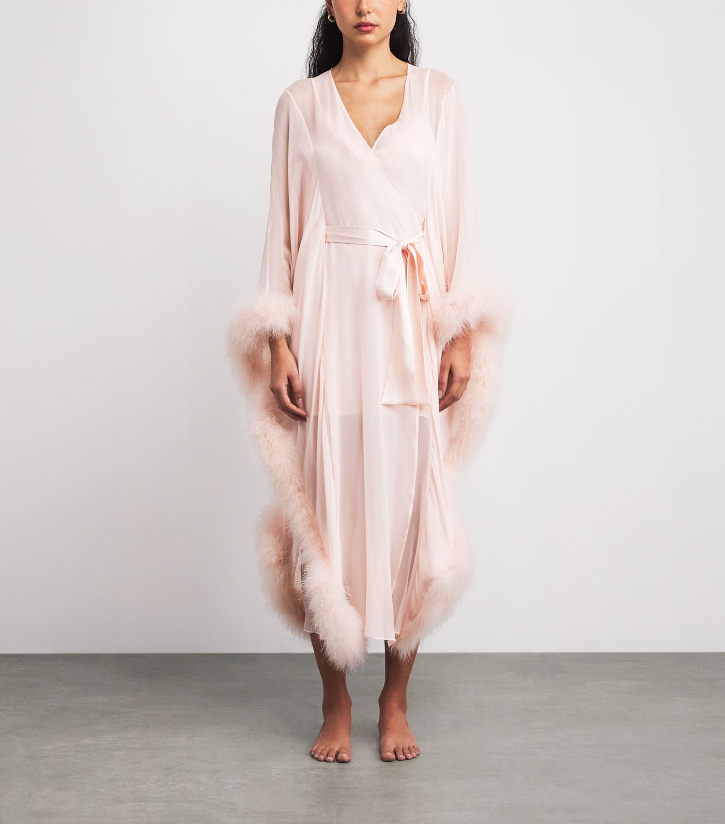 Silk-Ostrich Feather Taylor Long Robe PERFUME PINK Image 3