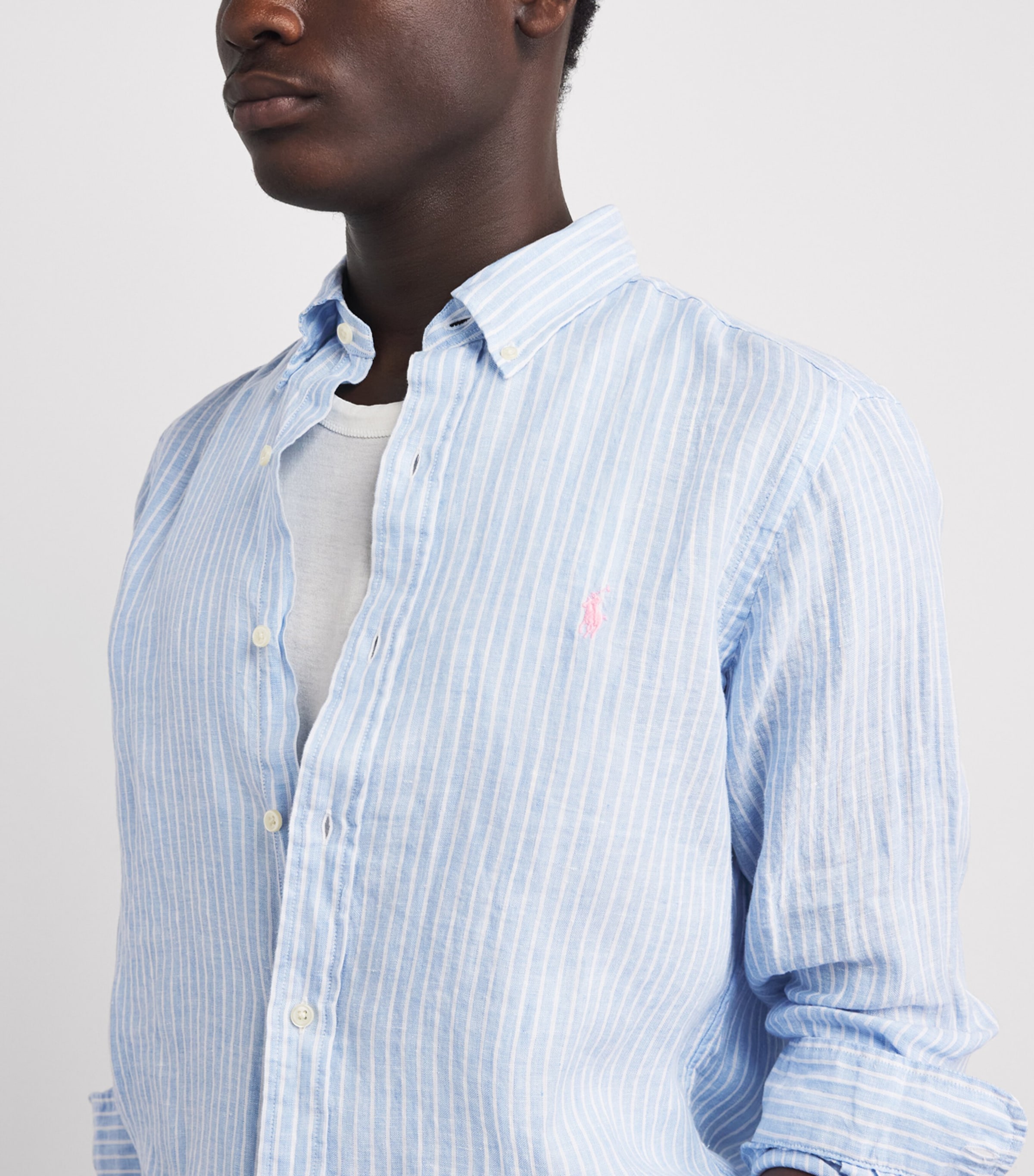 Polo Ralph Lauren Mens Linen Custom-Fit Stripe Shirt Blue White Image 3