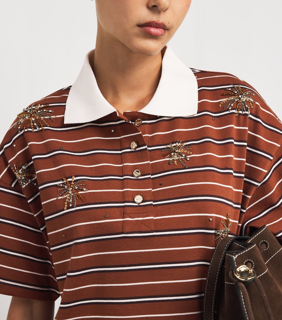 Cotton Stripe Embellished Polo Shirt BROWN Image 6
