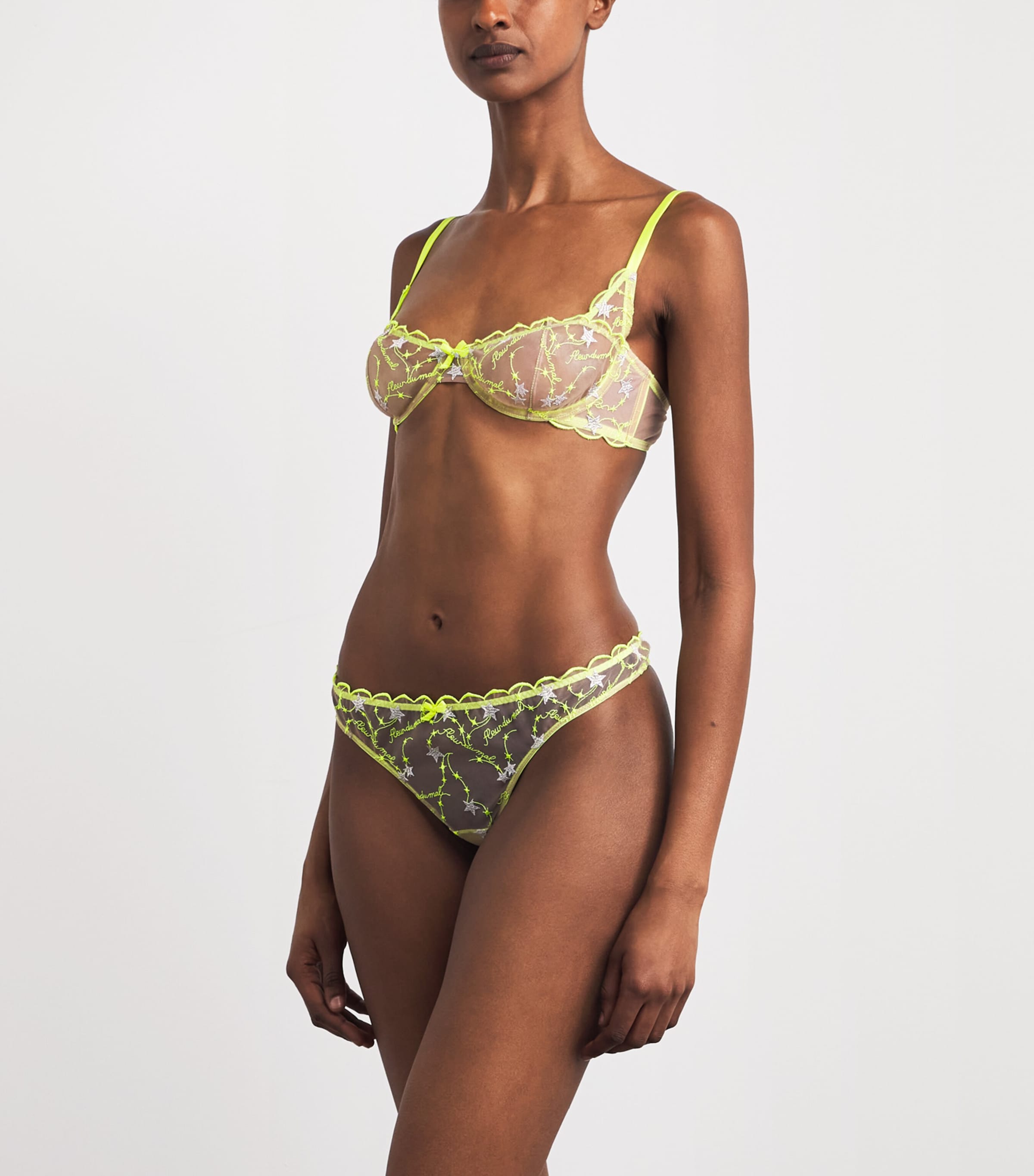 Fleur Du Mal Womens Silk Embroidered Étoile Thong Neon Yellow Image 2
