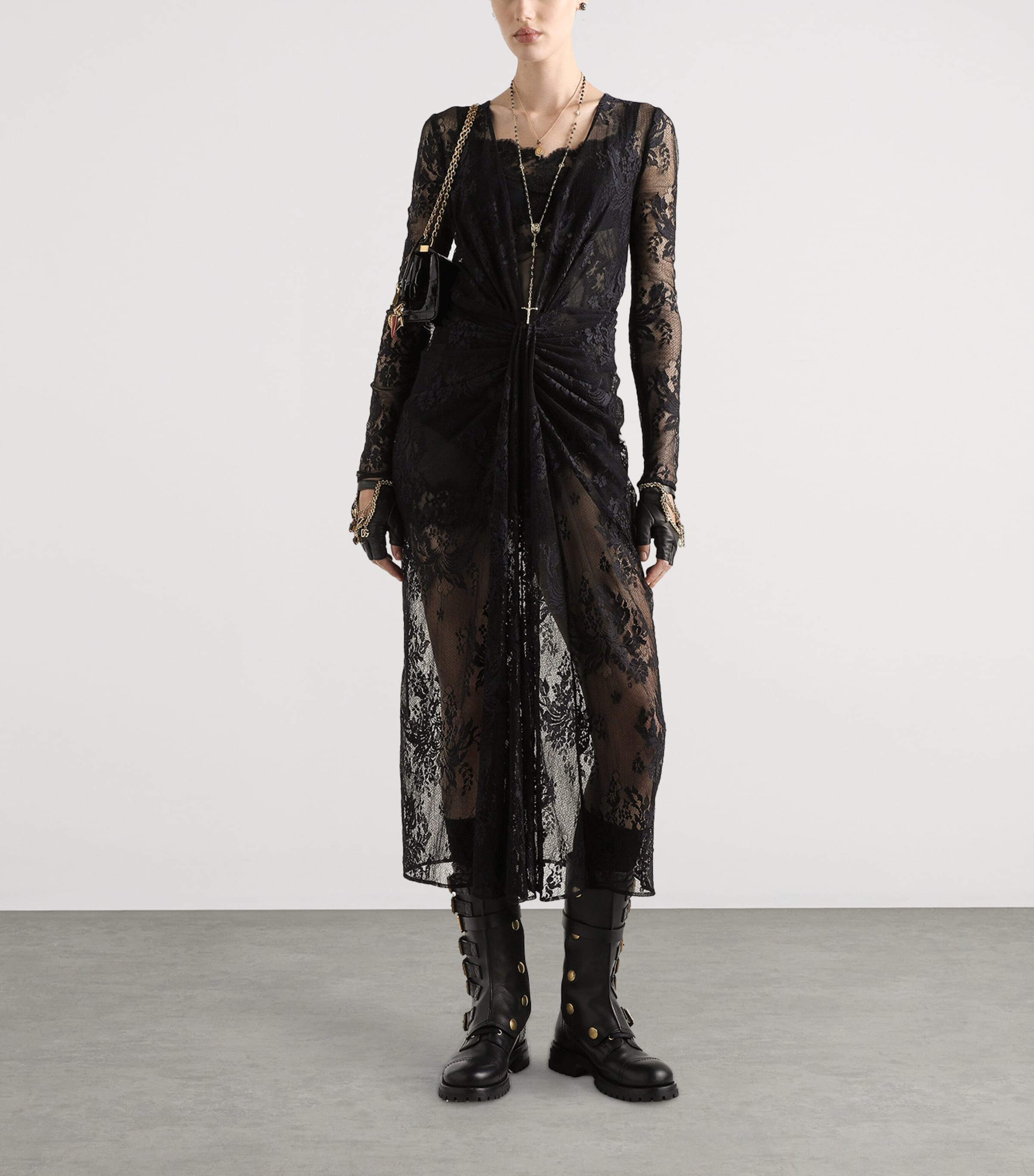 Lace Gathered Midi Dress N0000-BLACK Image 2