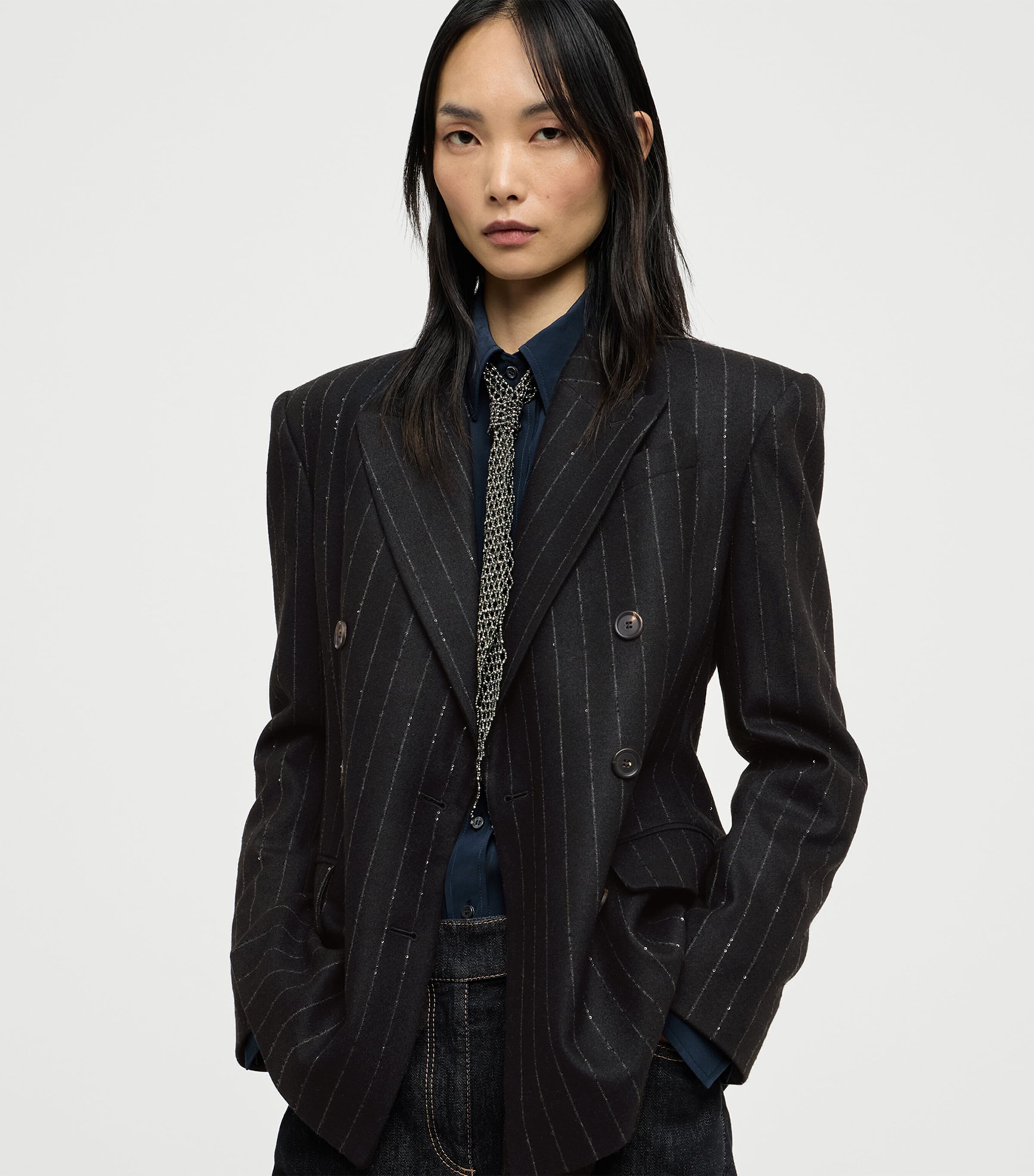 Brunello Cucinelli Womens Virgin Wool-Blend Sequin Pinstripe Blazer Image 4