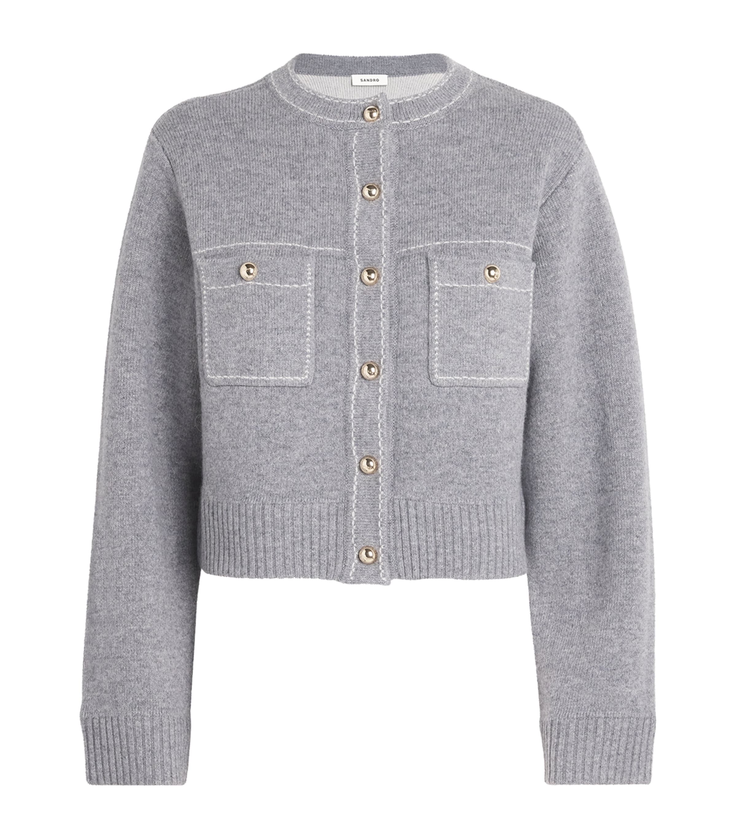 Sandro Wool-blend Topstitched Cardigan In Gray