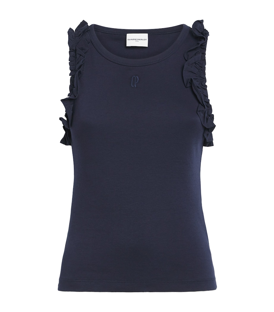 Claudie Pierlot Womens Cotton Ruffle-Detail Tank Top Navy Image 1