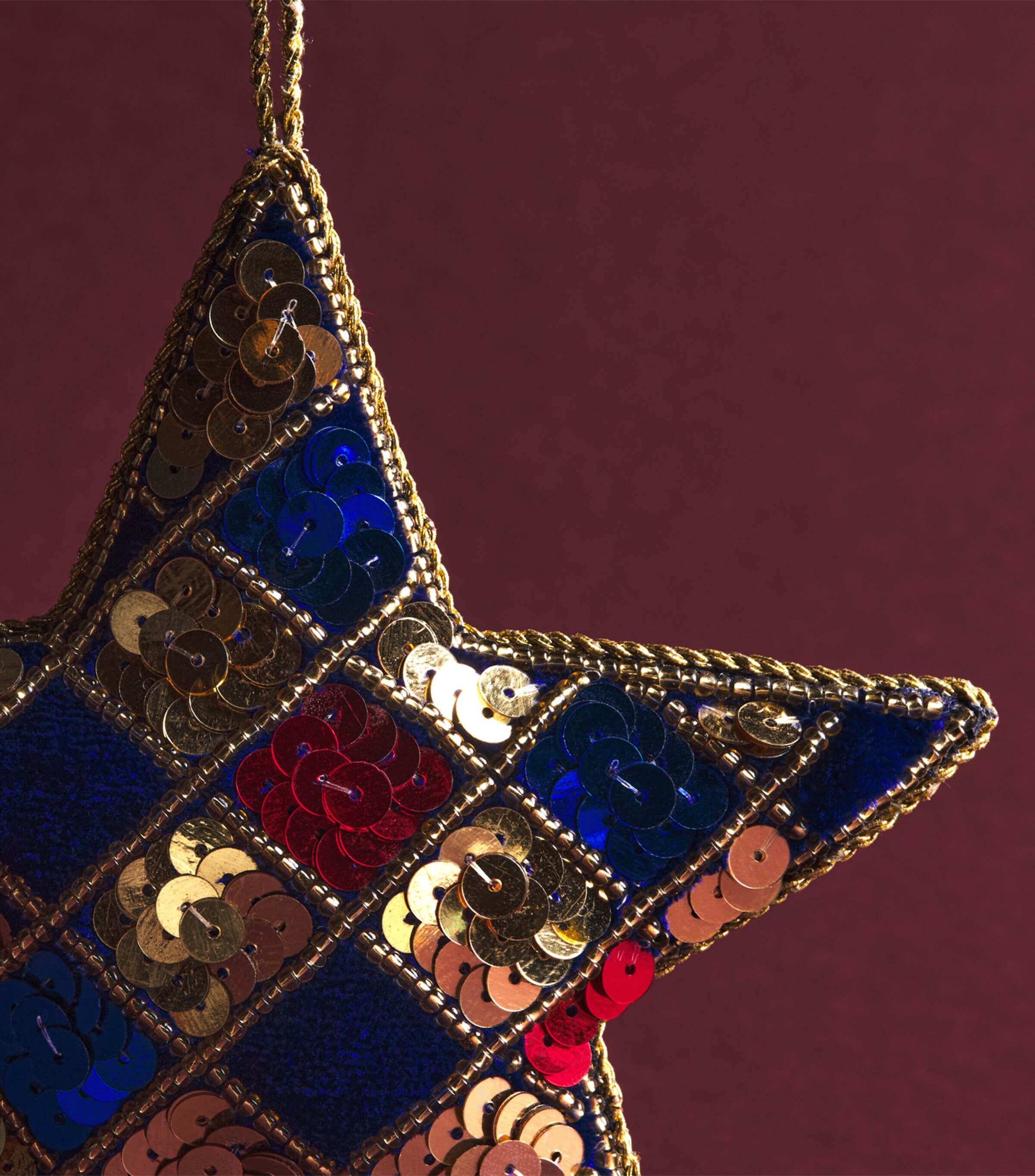Harrods Sequinned Star Tree Decoration Blue/gold/red Image 2