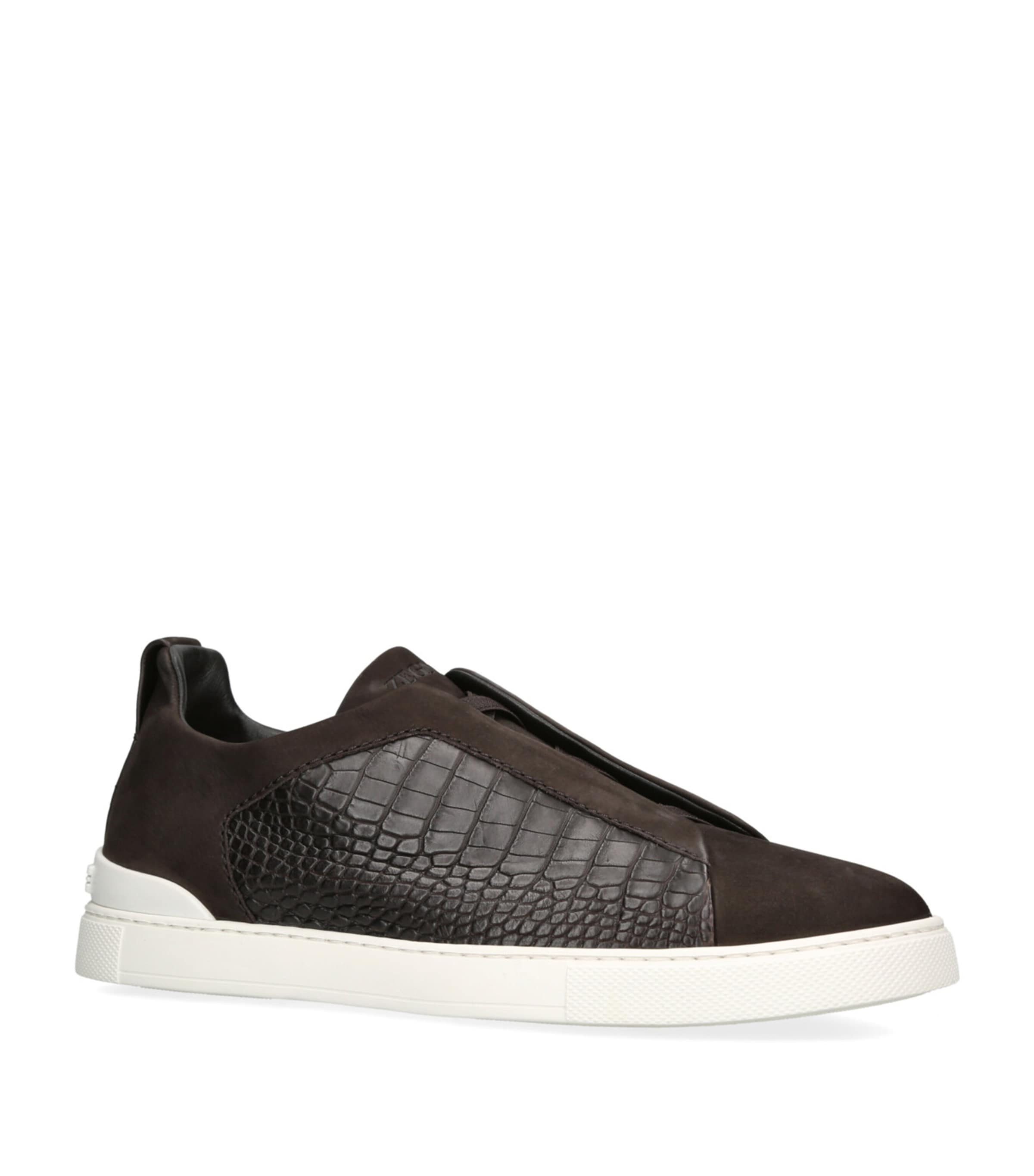 Zegna Leather-Cashmere Triple Stitch SECONDSKIN Sneakers Dark Brown Image 3