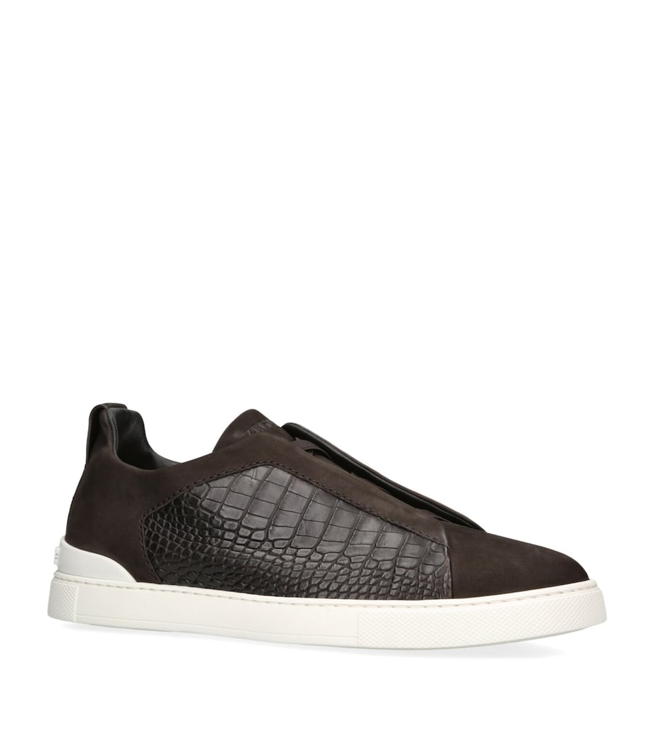 Zegna Leather-Cashmere Triple Stitch SECONDSKIN Sneakers Dark Brown Image 3