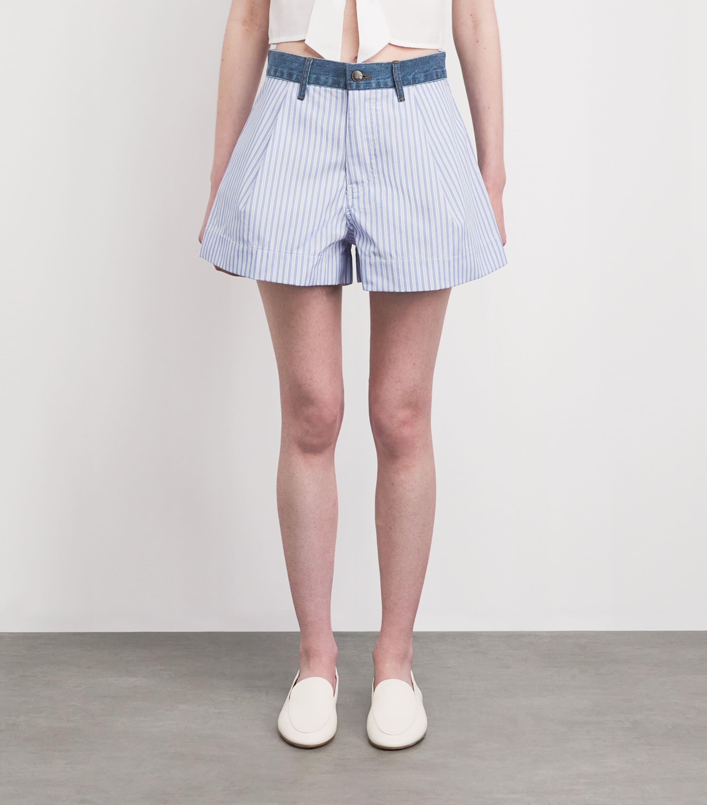 Sandro Paris Womens Poplin Denim-Trim Shorts Blue / Green Image 4