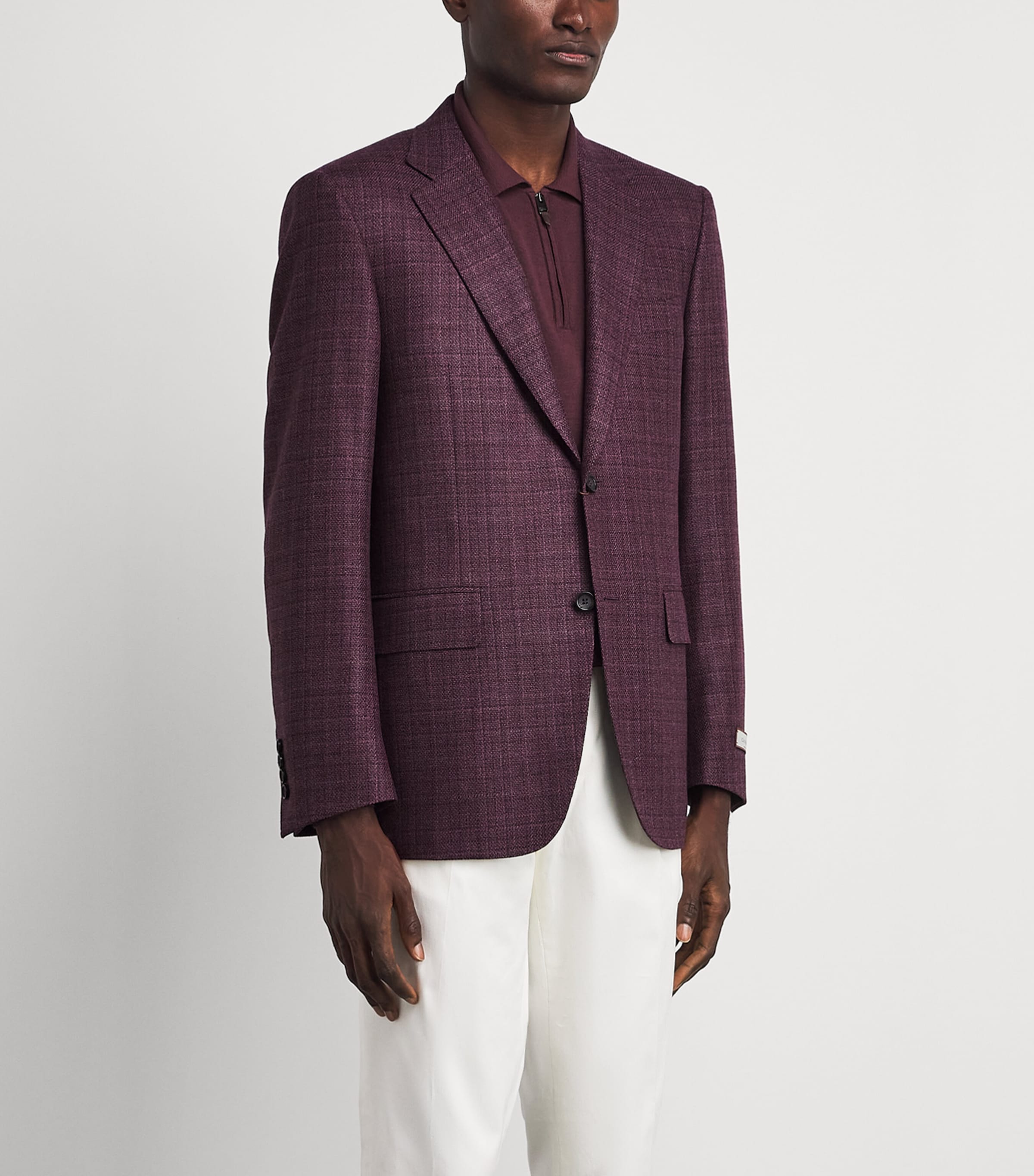 Canali Mens Wool-Silk Check Blazer Burgundy Image 4