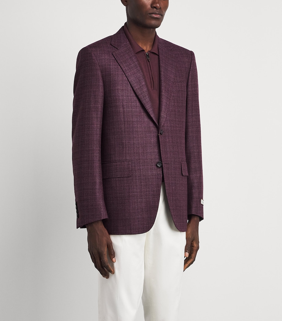 Canali Mens Wool-Silk Check Blazer Burgundy Image 4