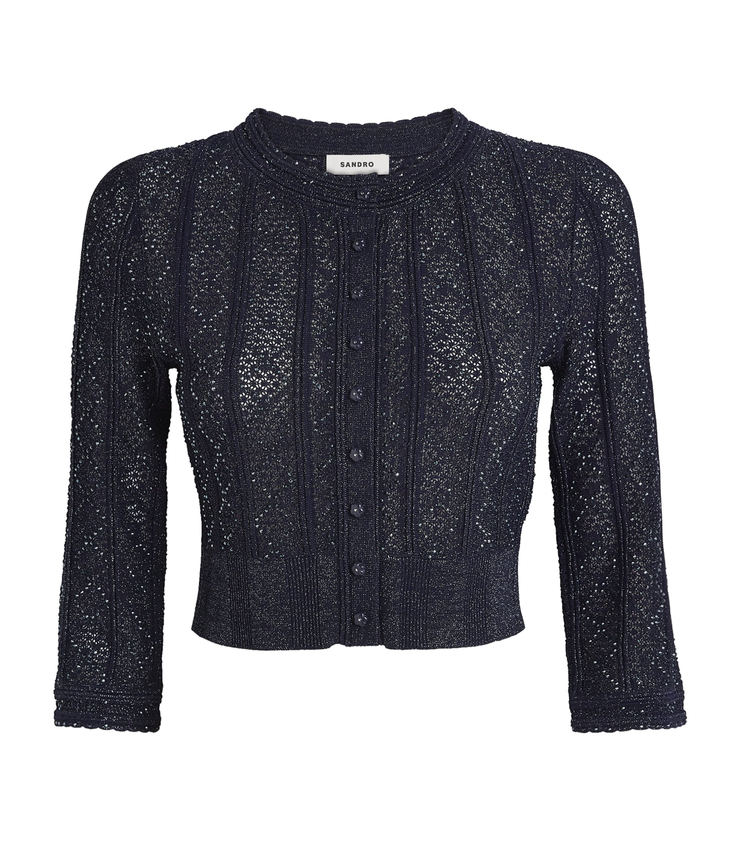 Sandro Paris Womens Embellished-Knit Cropped Cardigan Navy Blue Image 1