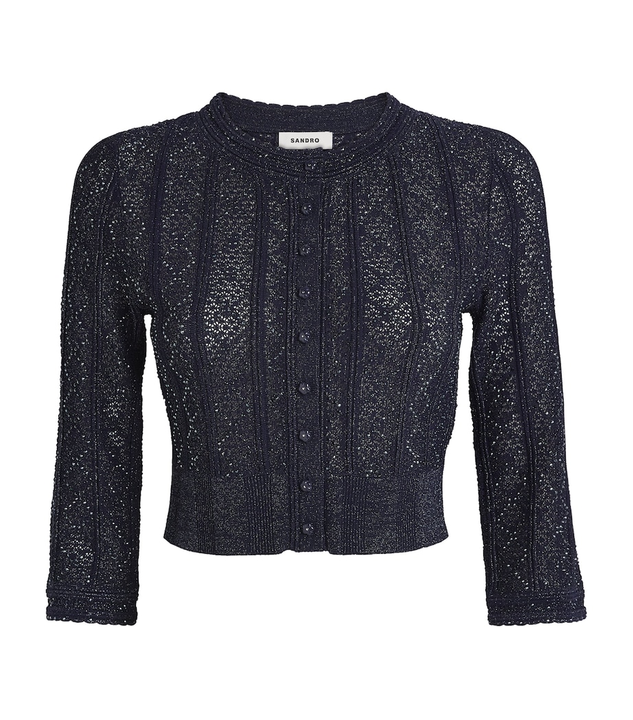 Sandro Paris Womens Embellished-Knit Cropped Cardigan Navy Blue Image 1