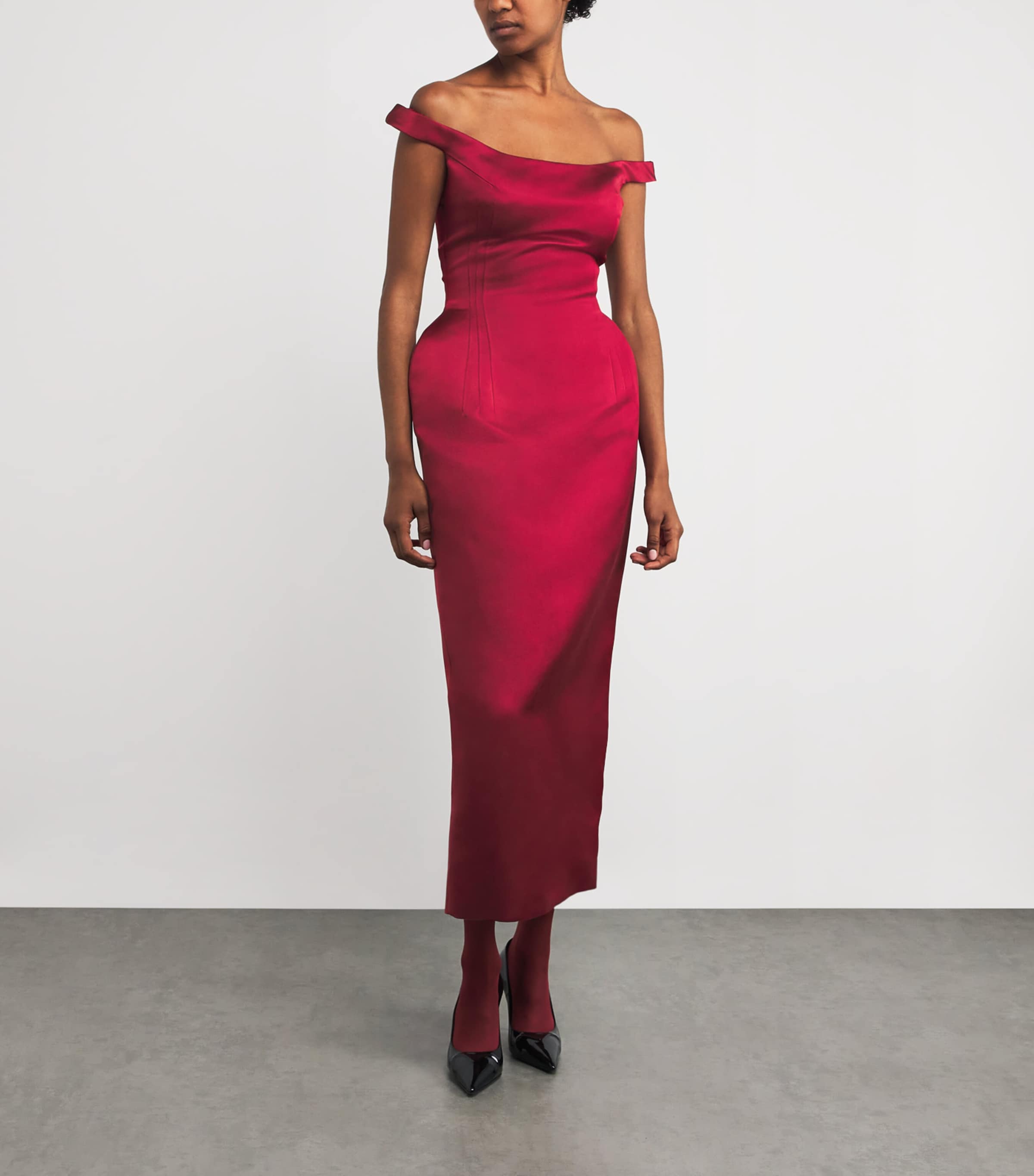 Silk Off-The-Shoulder Corset Midi Dress BORDEAUX Image 2