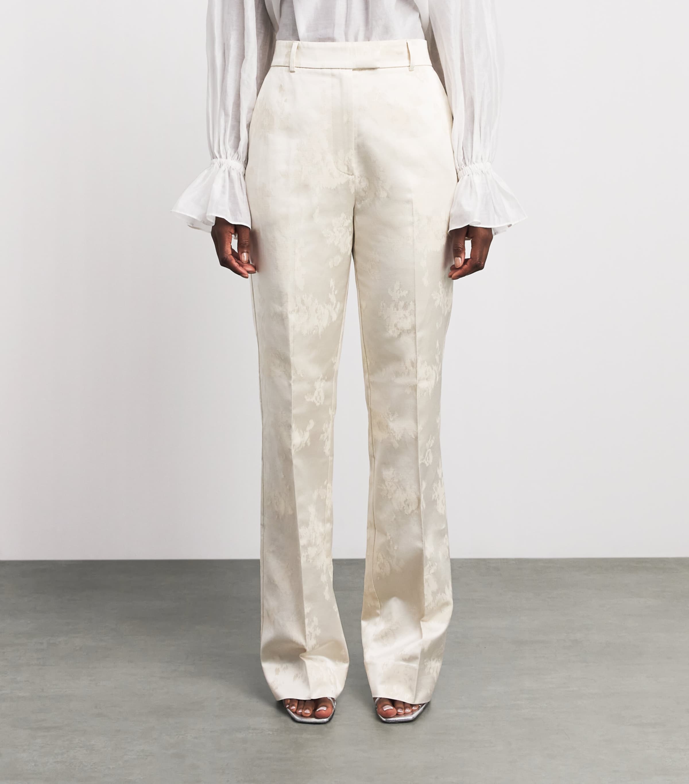 GANNI Womens Satin Floral Tailored Trousers Egret Image 4