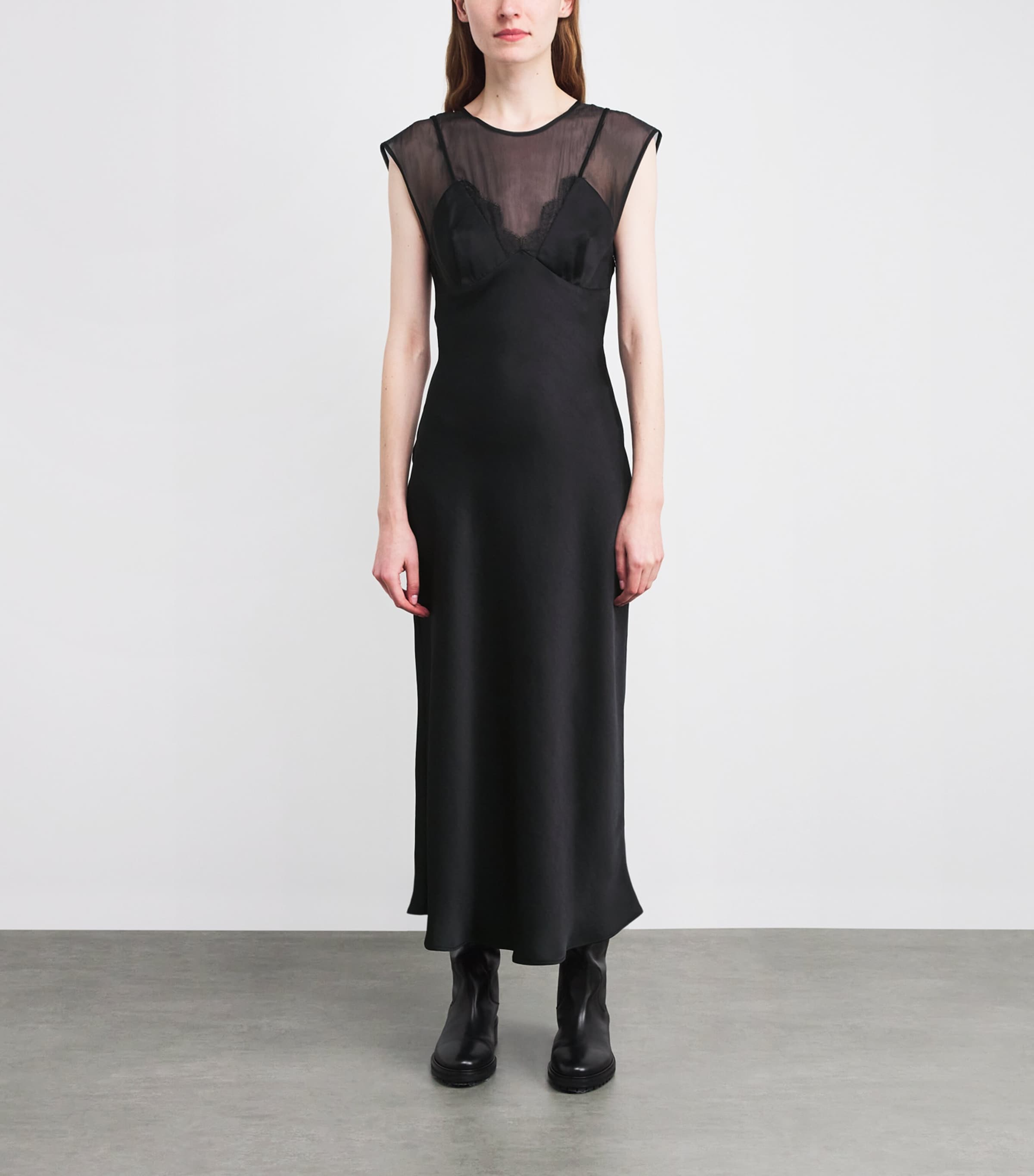 Satin Organza-Trim Midi Dress BLACK Image 3