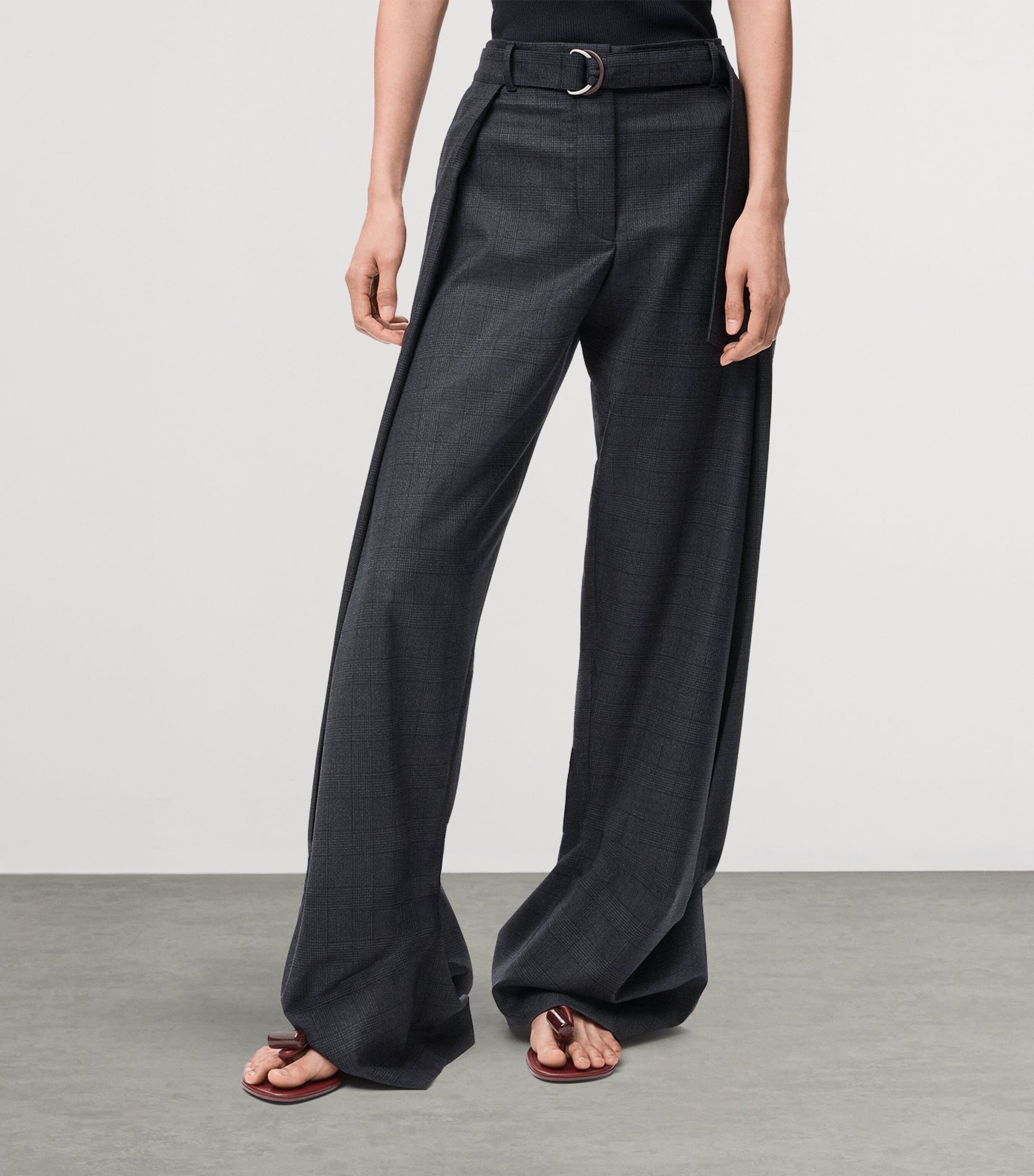 Wool Check Belted Trousers DARK GREY Image 3