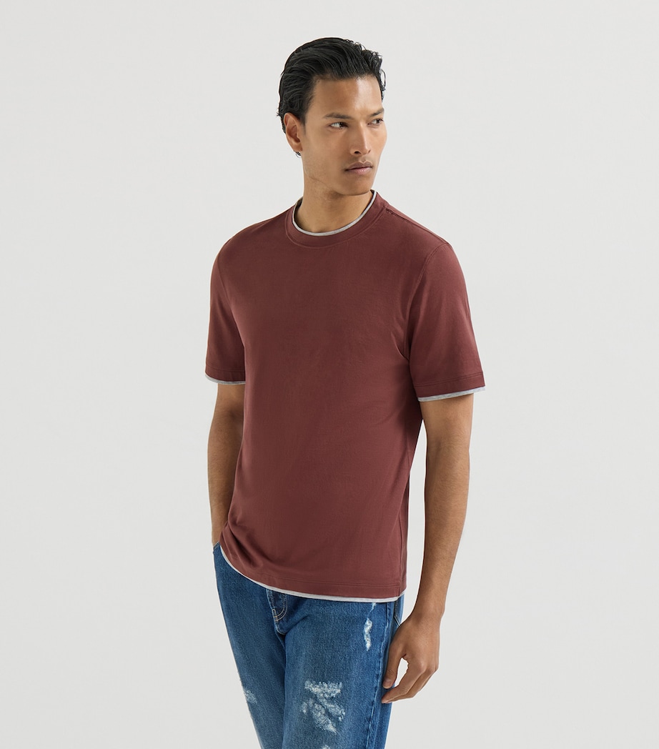 Brunello Cucinelli Mens Cotton Faux-Layer T-Shirt Dark Red Image 4