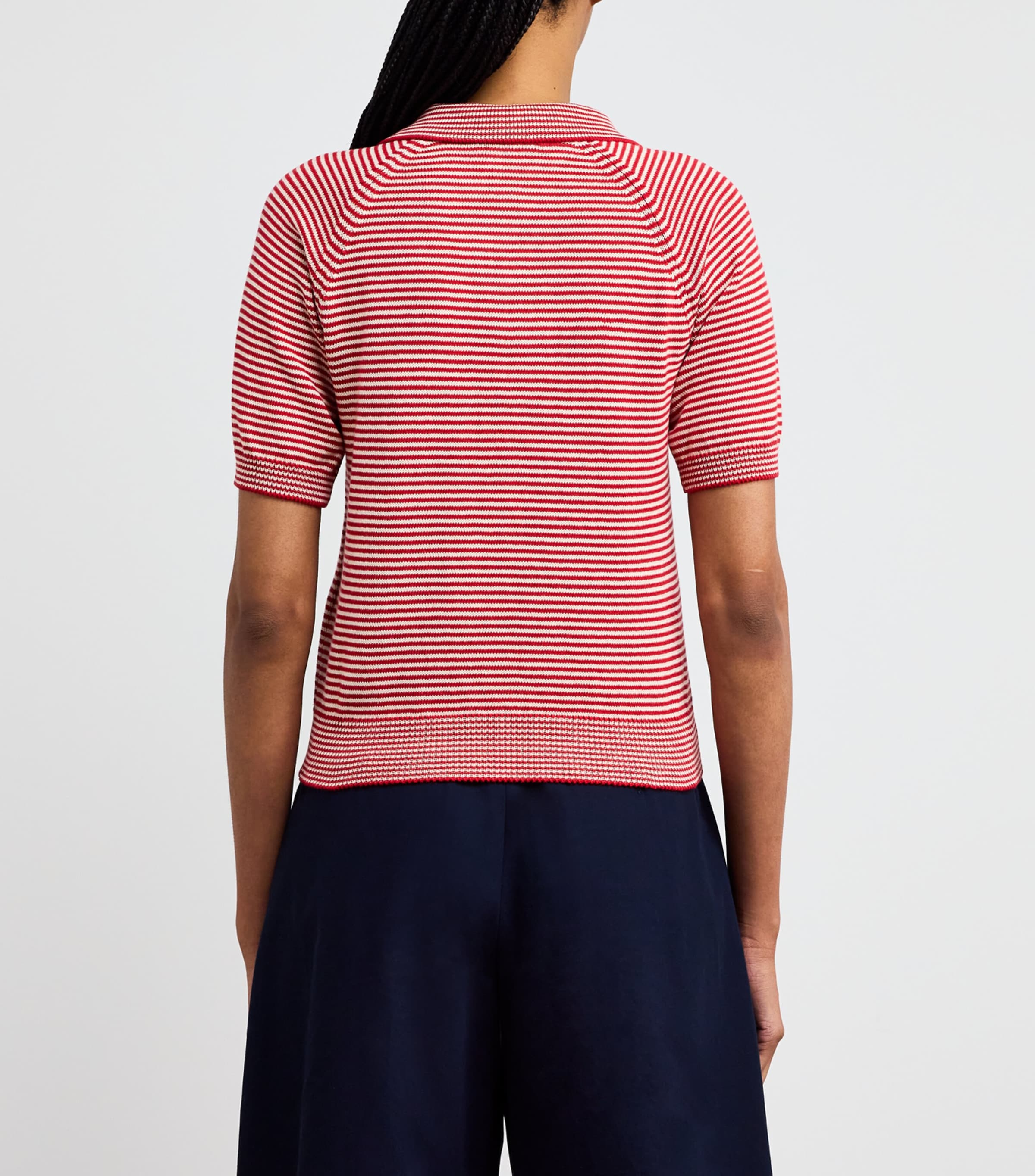 Cotton Stripe Open Polo Shirt RED Image 4