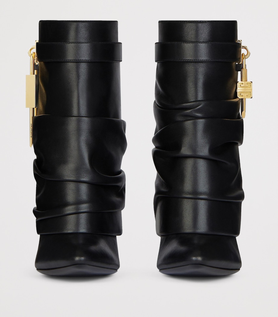 Leather Scrunched Shark Lock Heeled Ankle Boots 100 BLACK Image 2