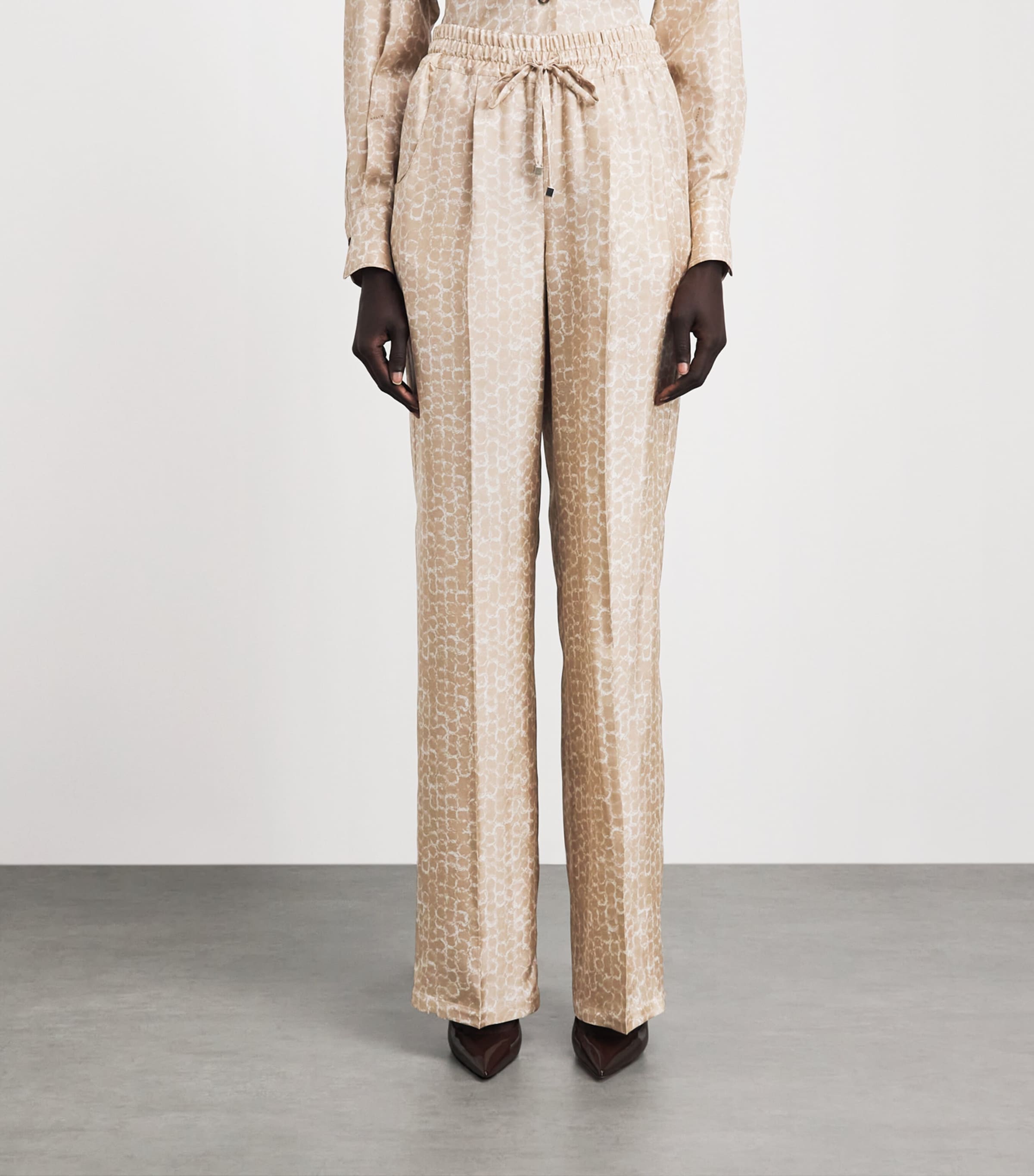 Kiton Womens Silk Printed Pleated Drawstring Trousers Light Beige Print Image 5