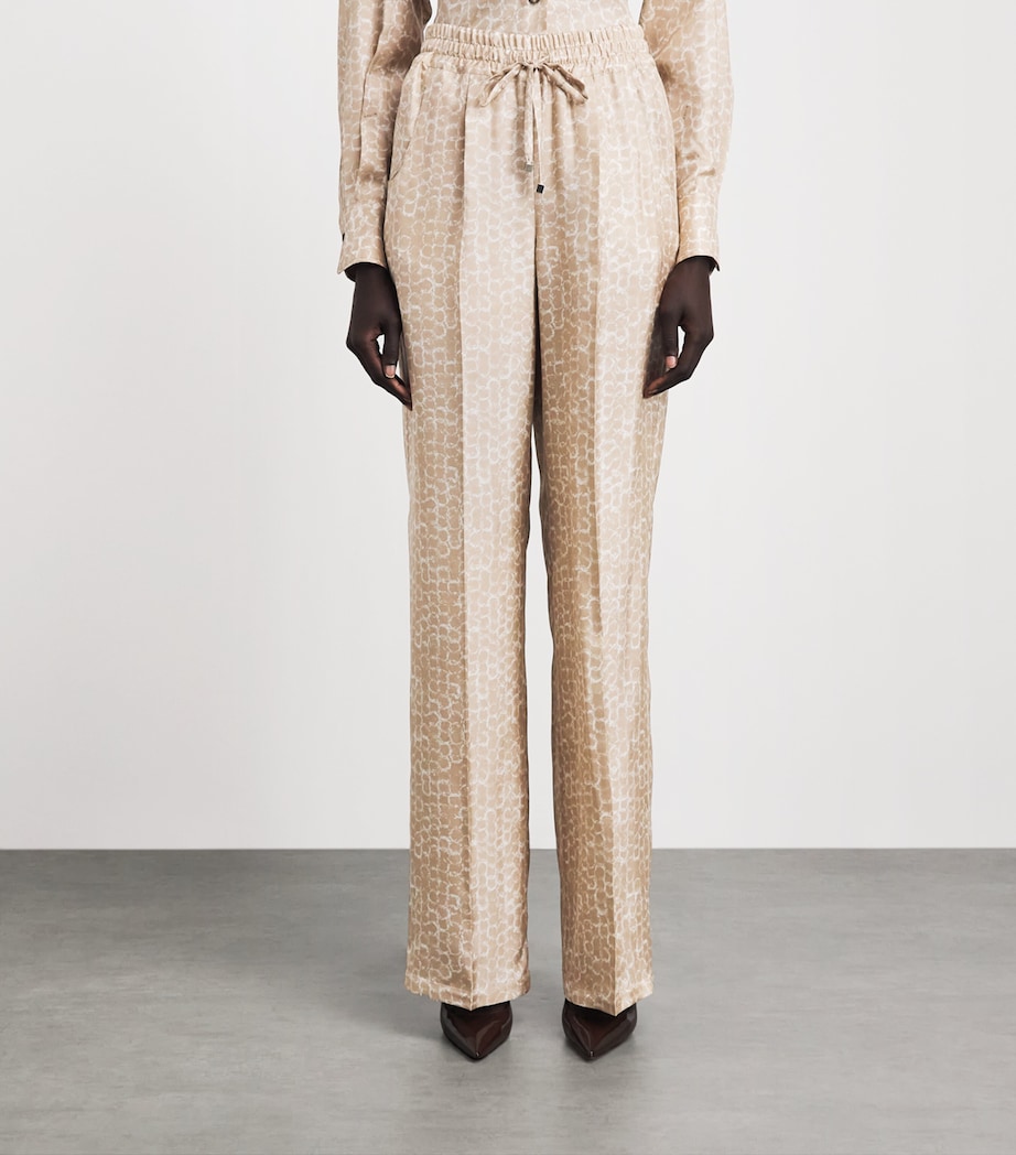Kiton Womens Silk Printed Pleated Drawstring Trousers Light Beige Print Image 5