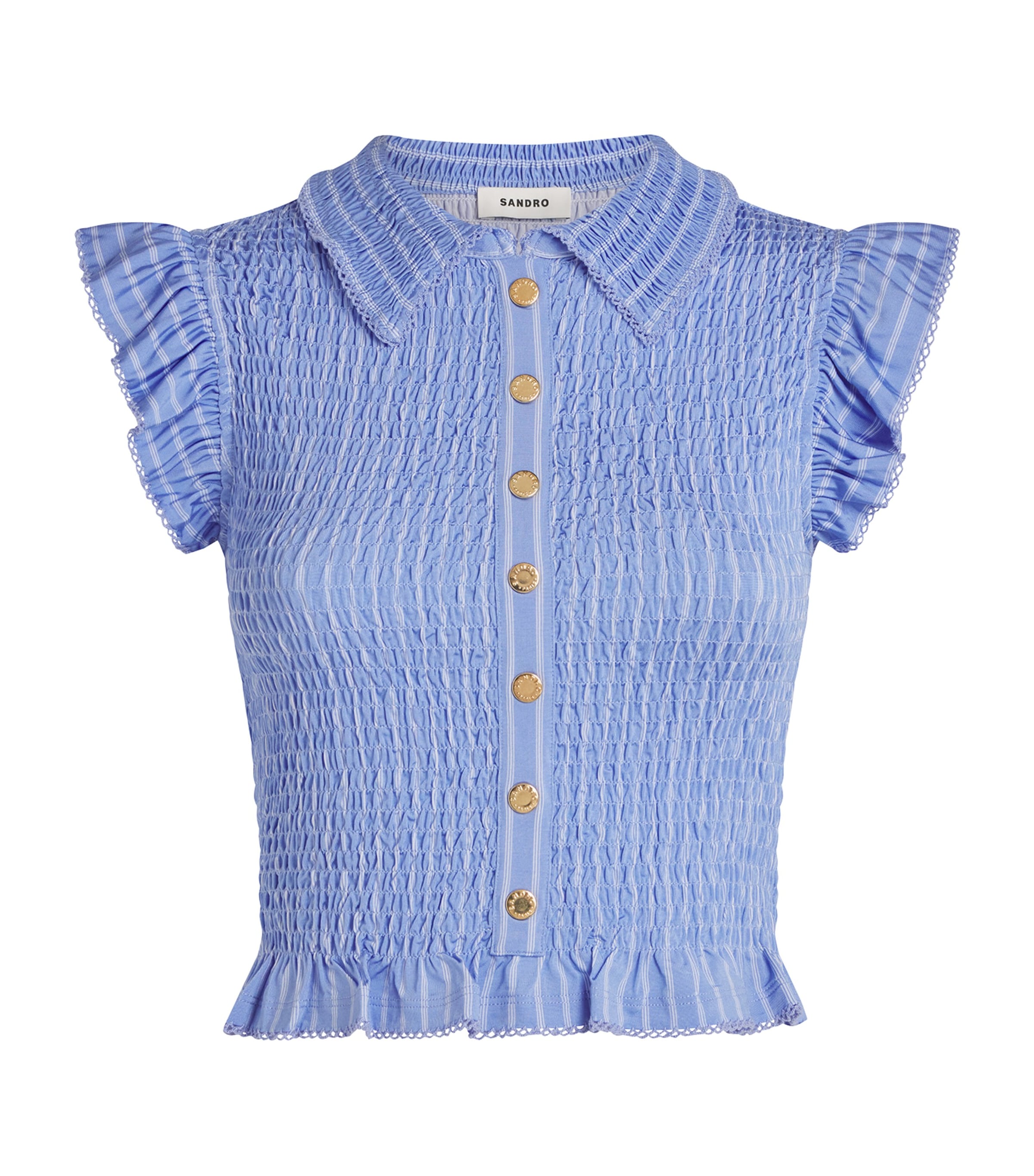 Sandro Womens Bleus Stripe-print Smocked Woven Top In Blue