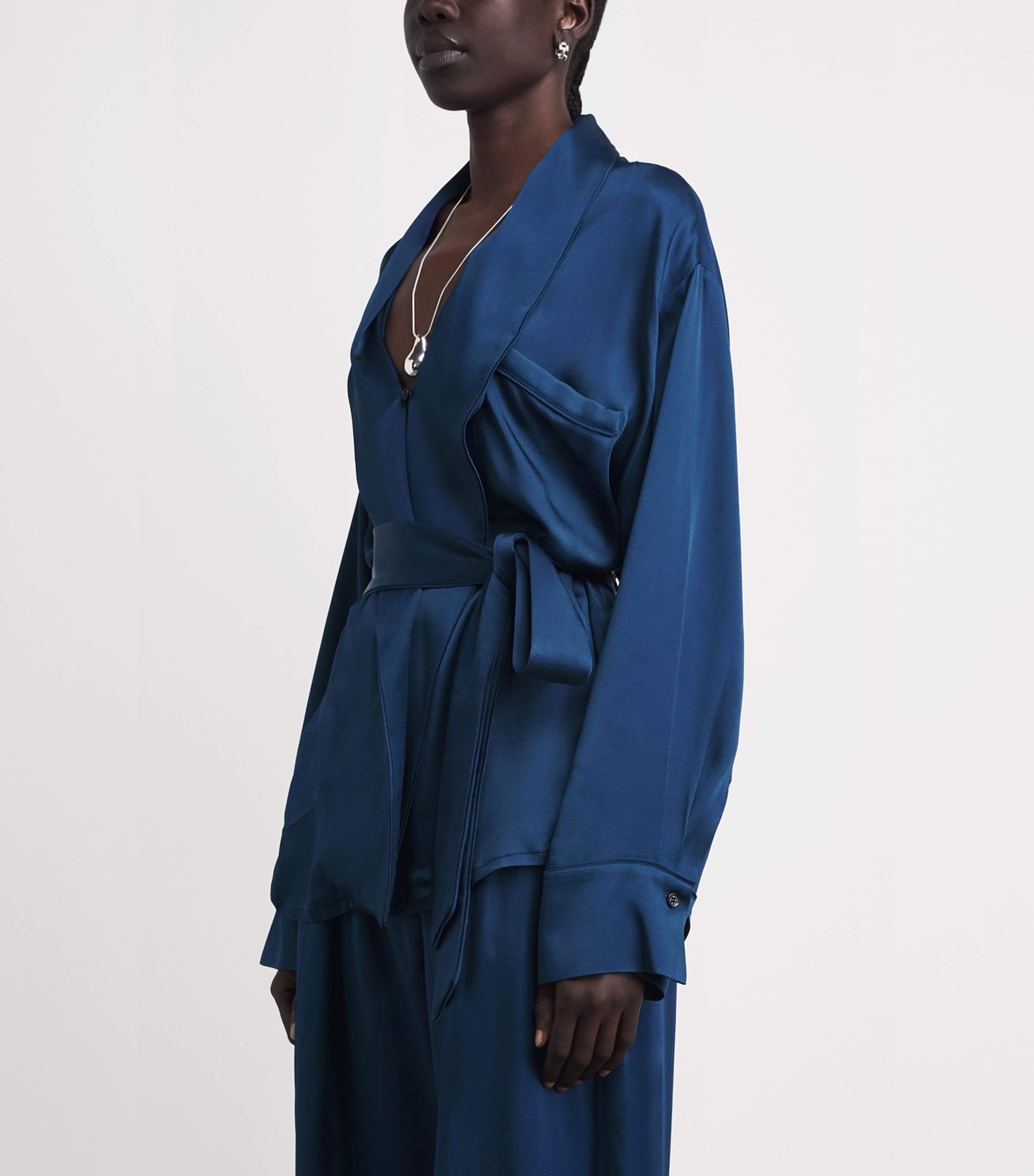 Victoria Beckham Womens Pyjama Wrap Blouse Dark Ocean Image 4