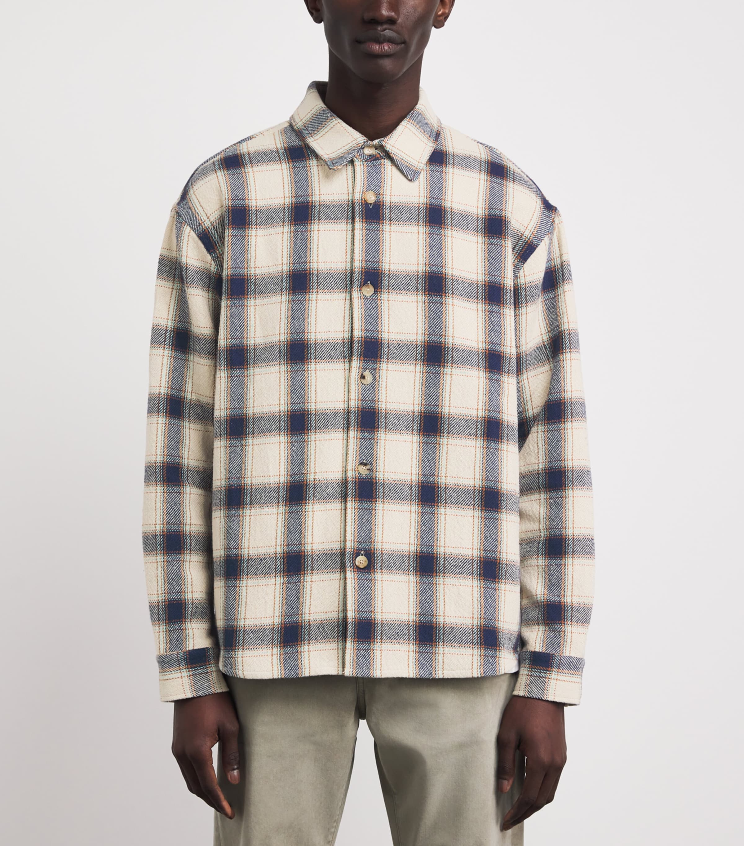 FRAME Mens Cotton-Blend Check Overshirt Cream/navy Plaid Image 4