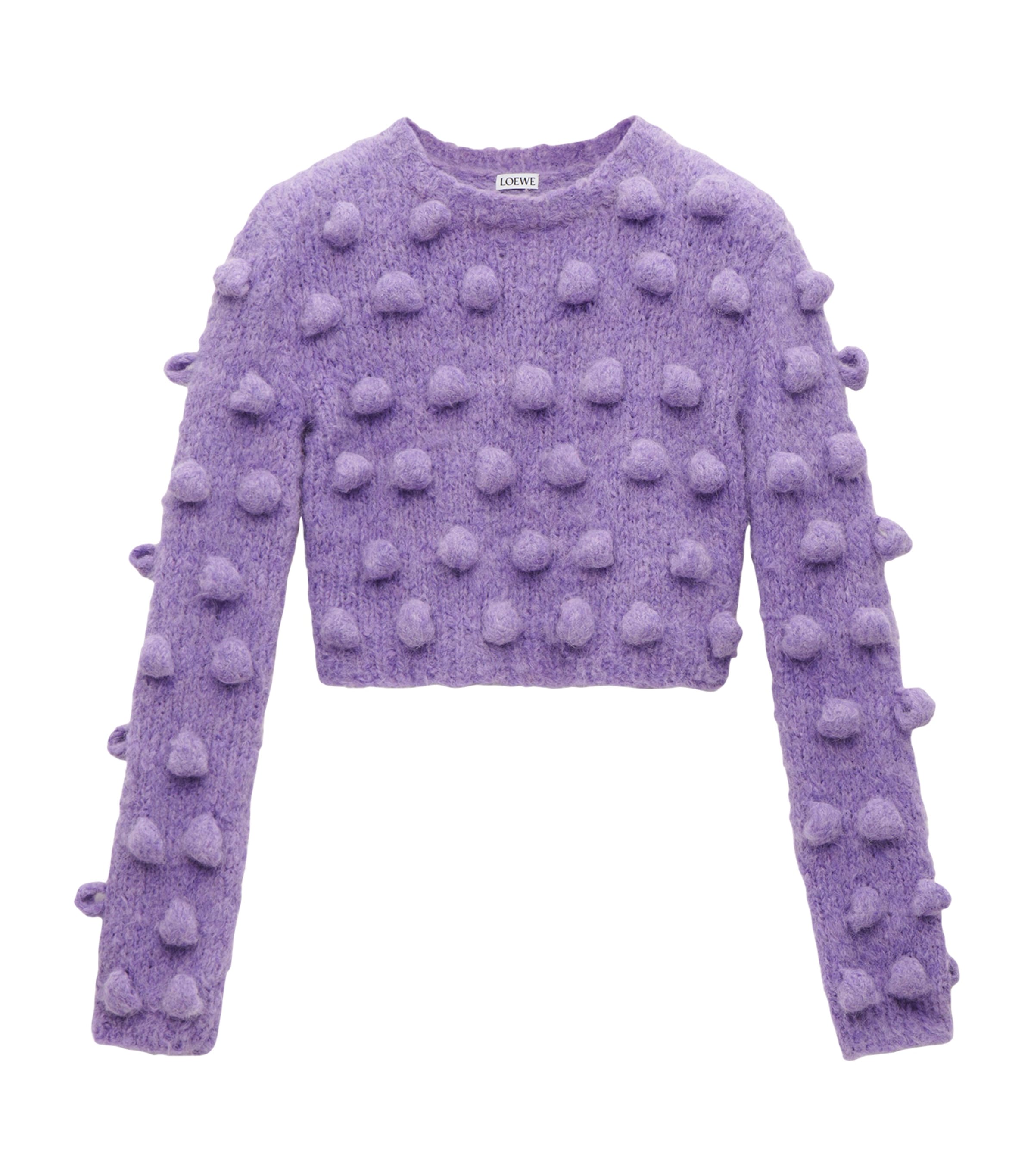 Loewe Cropped Pom Pom-embellished Brushed Knitted Sweater In Purple