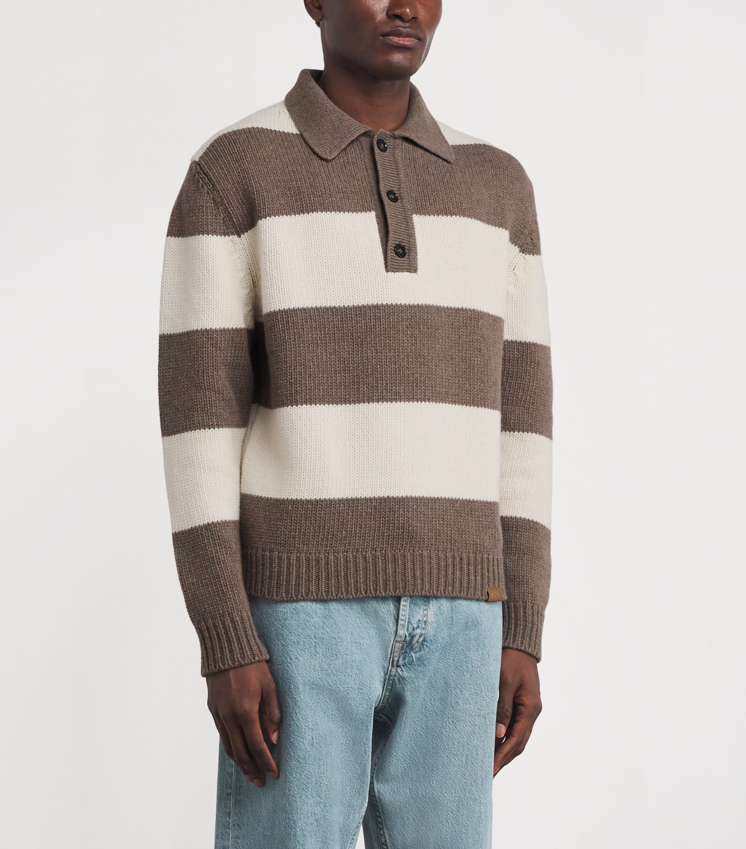 Wool-Blend Stripe Polo Shirt 299BROWN-WHITE Image 3
