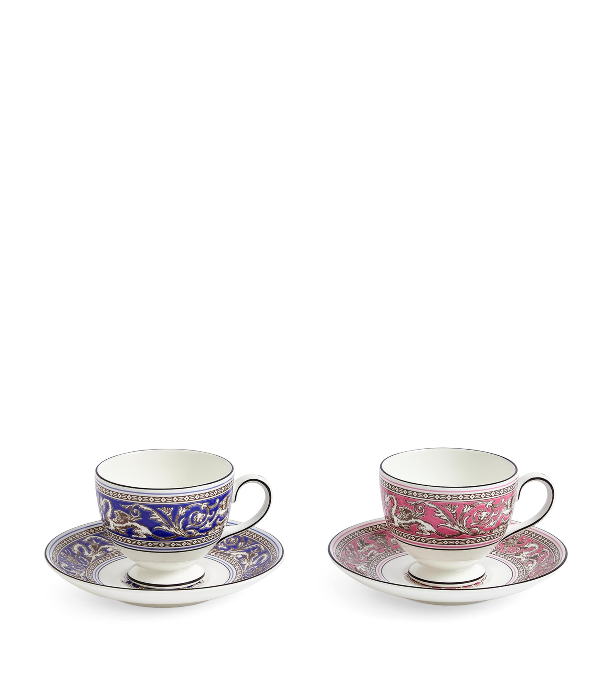 WEDGWOOD SET OF 2 FLORENTINE TEACUPS & SAUCERS 