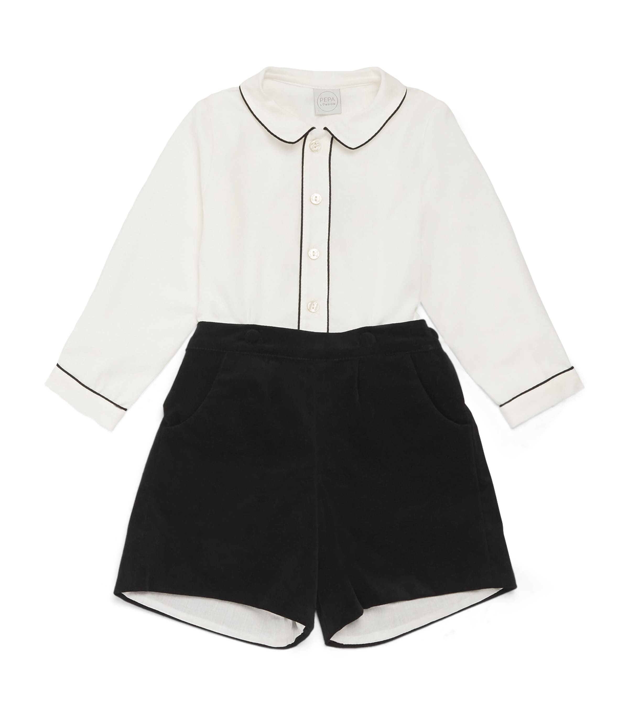 Pepa London Kids' Velvet-trim Shirt And Shorts Set In Black