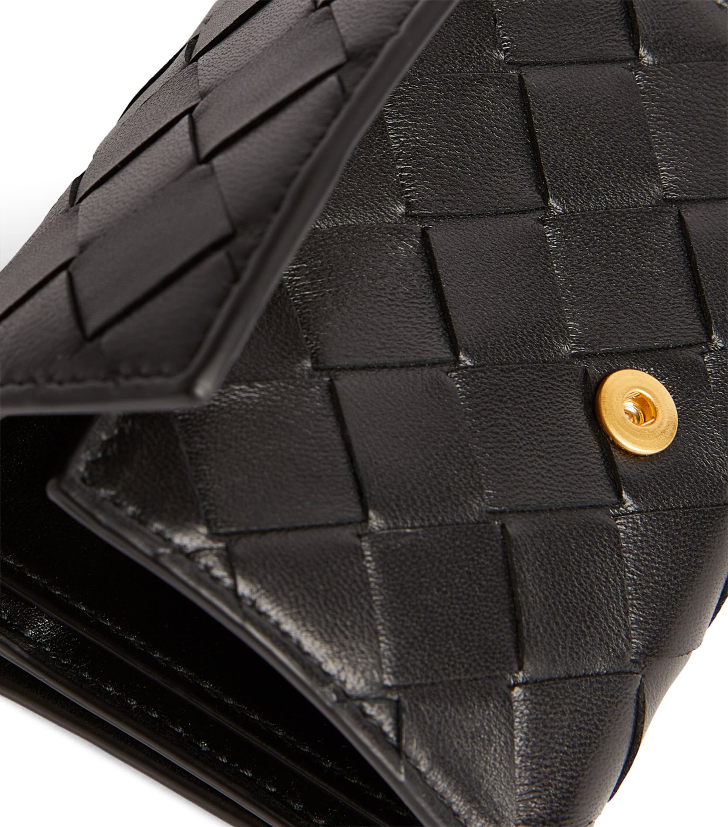 Leather Intrecciato Trifold Wallet BLACK-GOLD Image 4