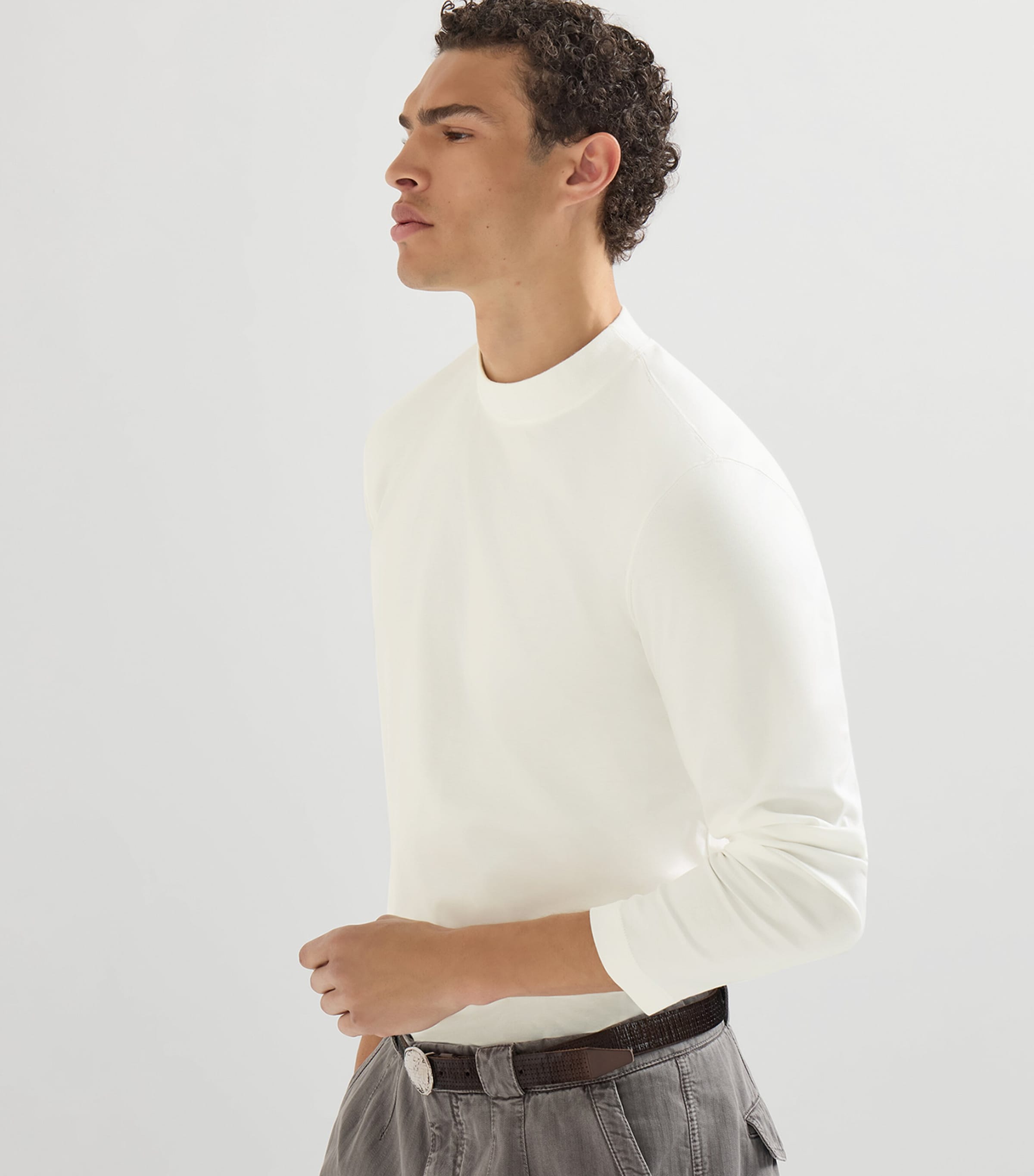 Brunello Cucinelli Mens Cotton High-Neck Long-Sleeve T-Shirt White Image 2