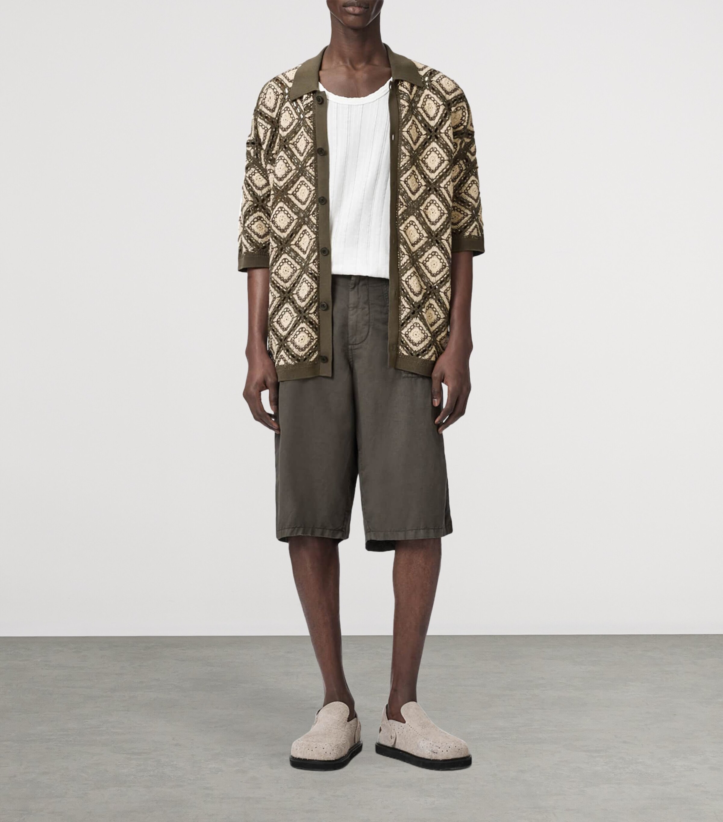 AllSaints Mens Cotton Knitted Short-Sleeve Cardigan Pitch Green Image 2