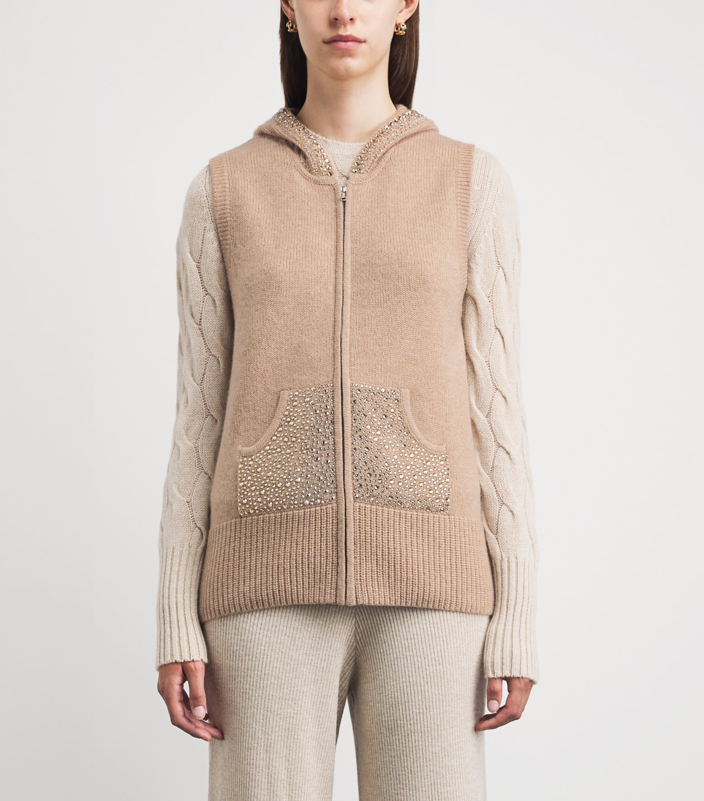 William Sharp Womens Cashmere Crystal-Embellished Gilet Mid Brwn Gldn Shdw Image 4