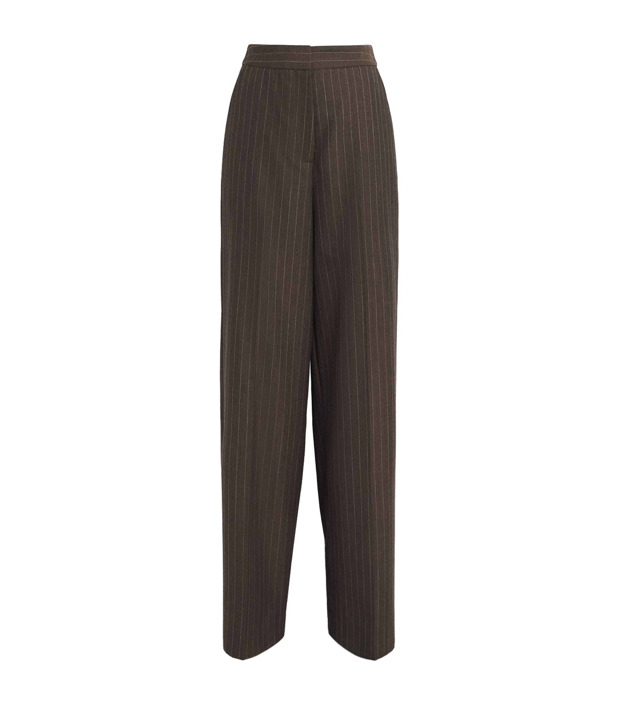 Laura Pitharas Wool Wide-Leg Trousers Chocolate Pinstripe