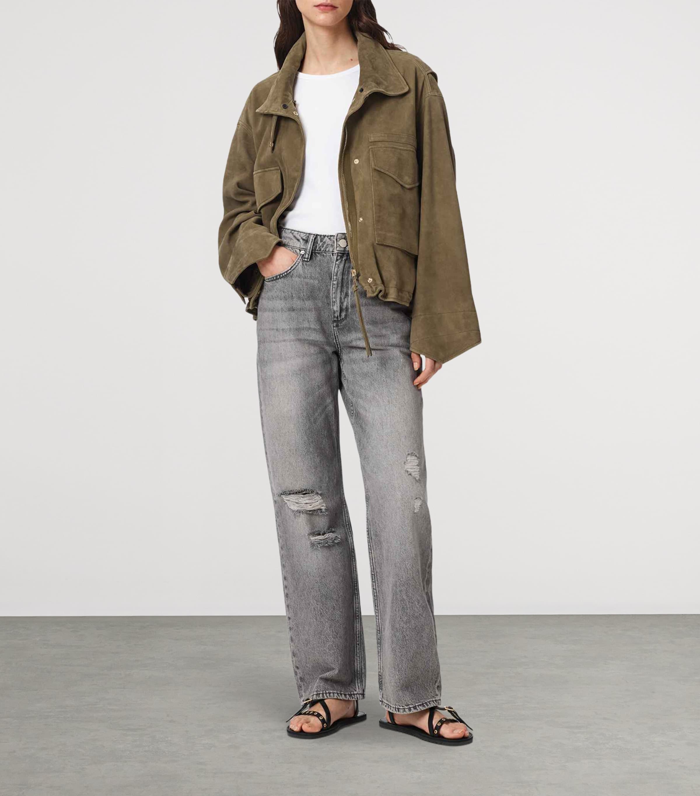 AllSaints Womens Suede Clay Bomber Jacket Olive Green Image 2