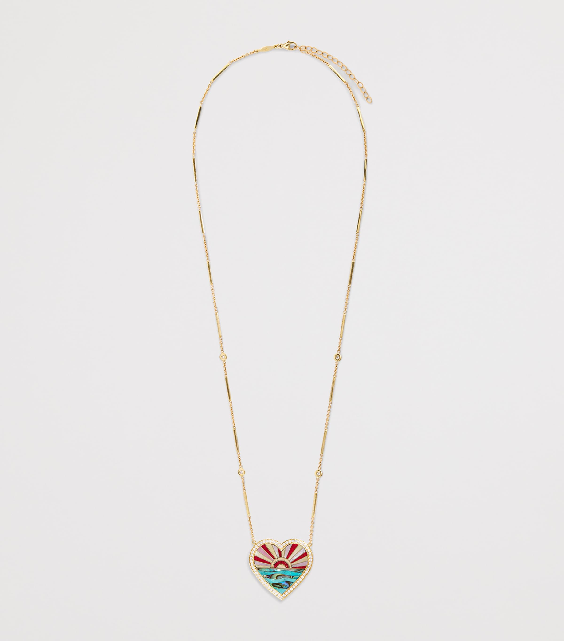 Yellow Gold, Diamond, Turquoise and Pearl Coral Sunshine Heart Necklace YELLOW GOLD Image 3