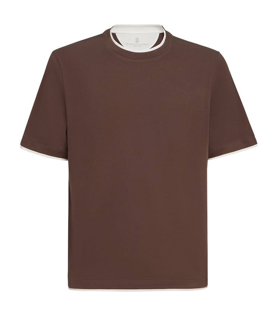Brunello Cucinelli Mens Cotton Faux-Layer T-Shirt Brown+white Image 1