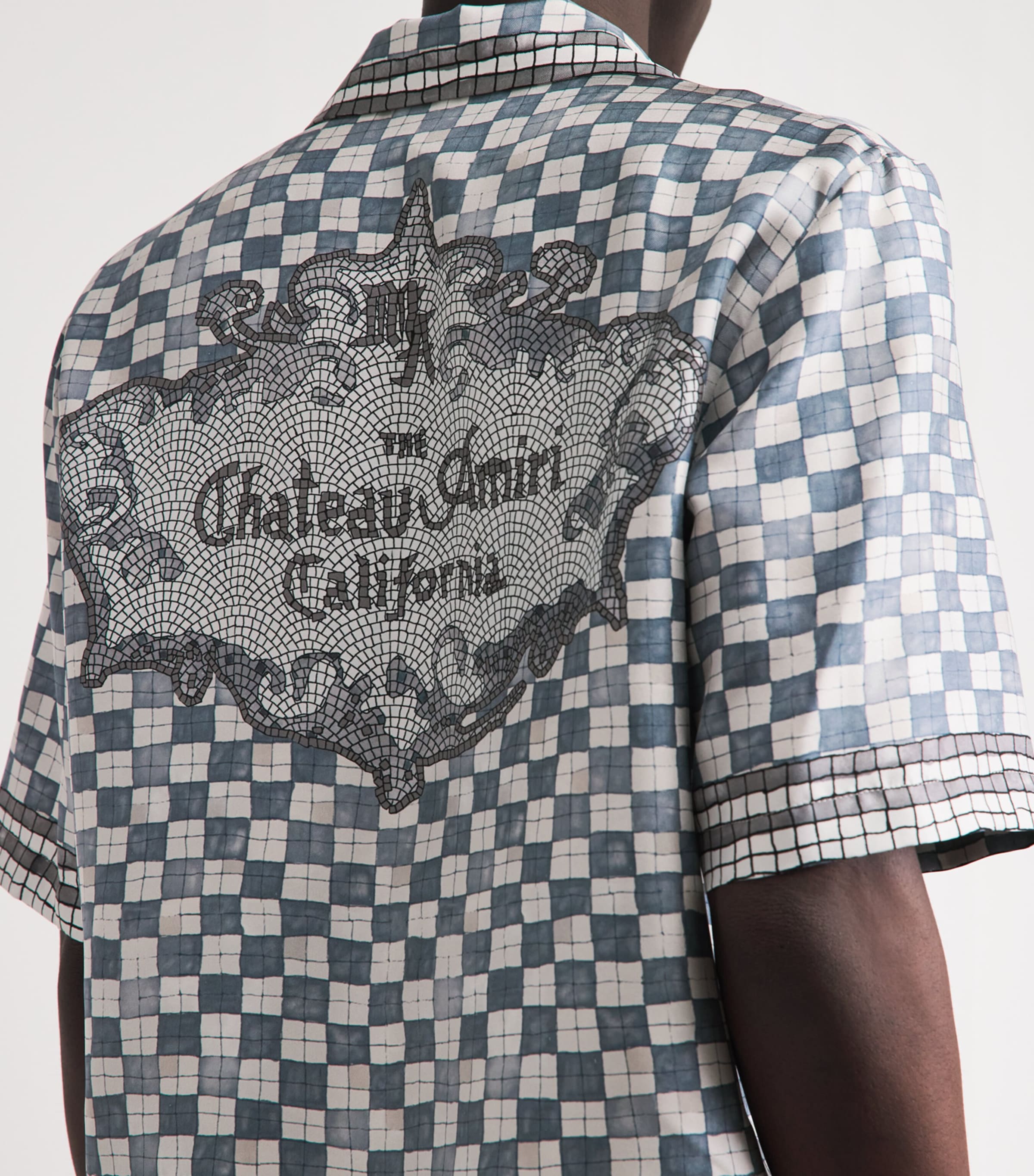 AMIRI Mens Silk Château Crest Bowling Shirt Steel Image 3
