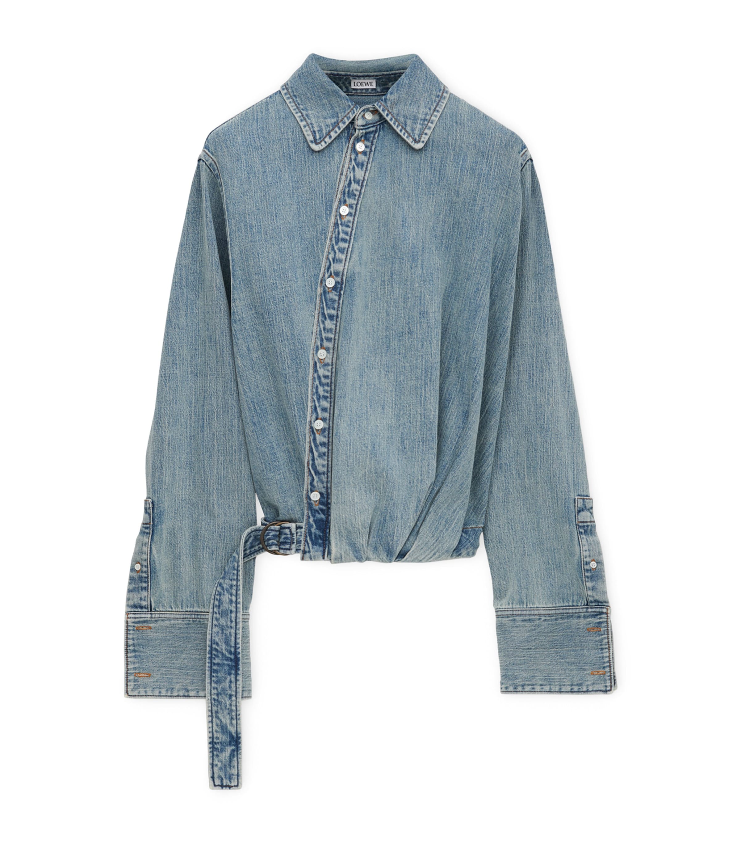 LOEWE Womens Cotton-Blend Draped Shirt Washed Denim Image 1