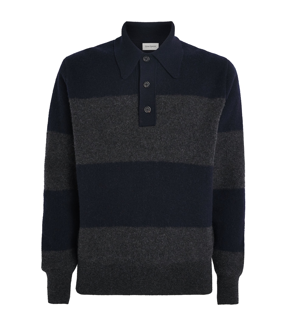 Wool Intarsia-Stripe Polo Sweater NAVY/CHARCOAL Image 1