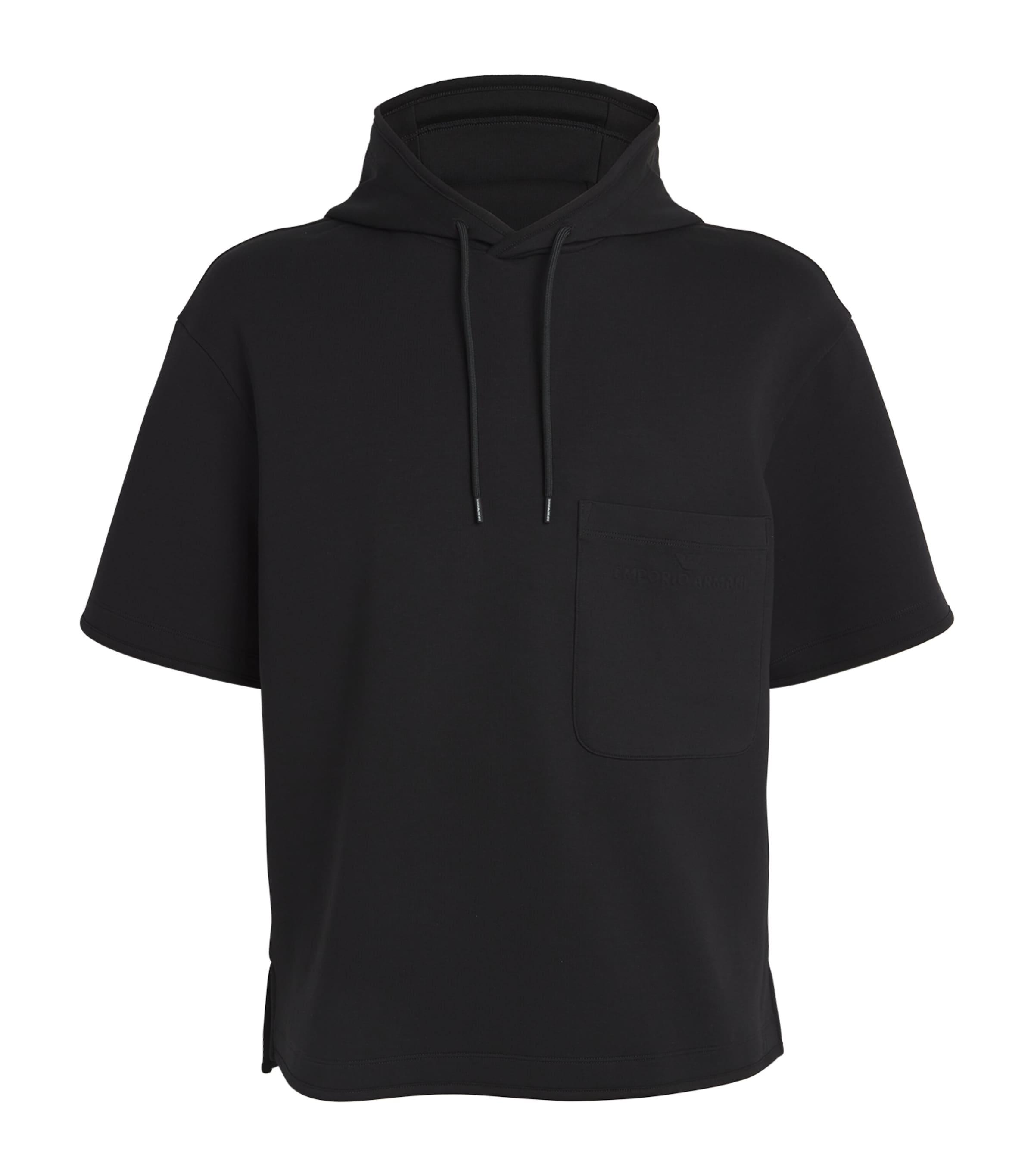 Emporio Armani Short Sleeved Hooded Woven Effect Jacquard Sweatshirt In Black