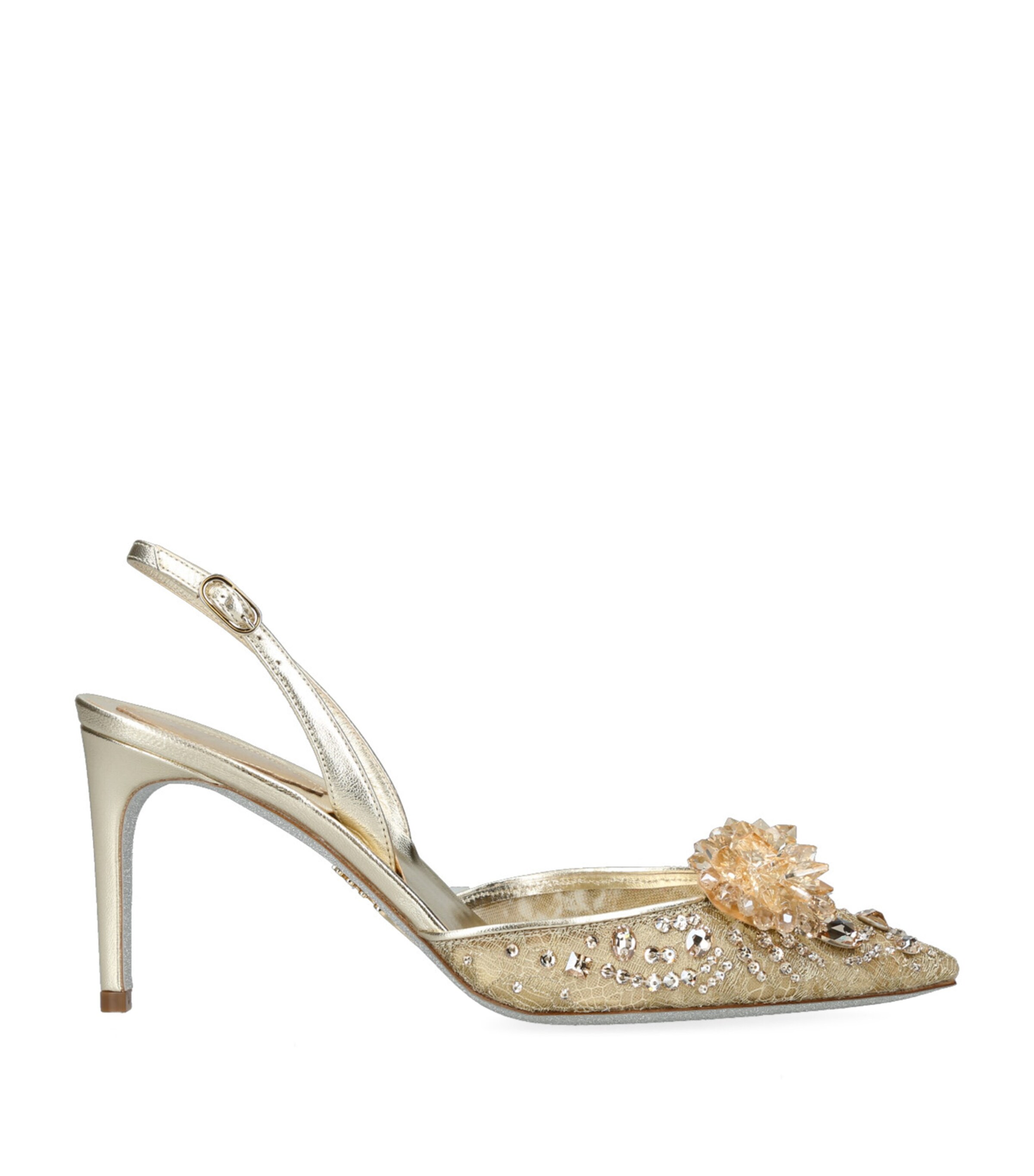 René Caovilla Cinderella 80 Crystal Flower Slingback Pumps In Gold