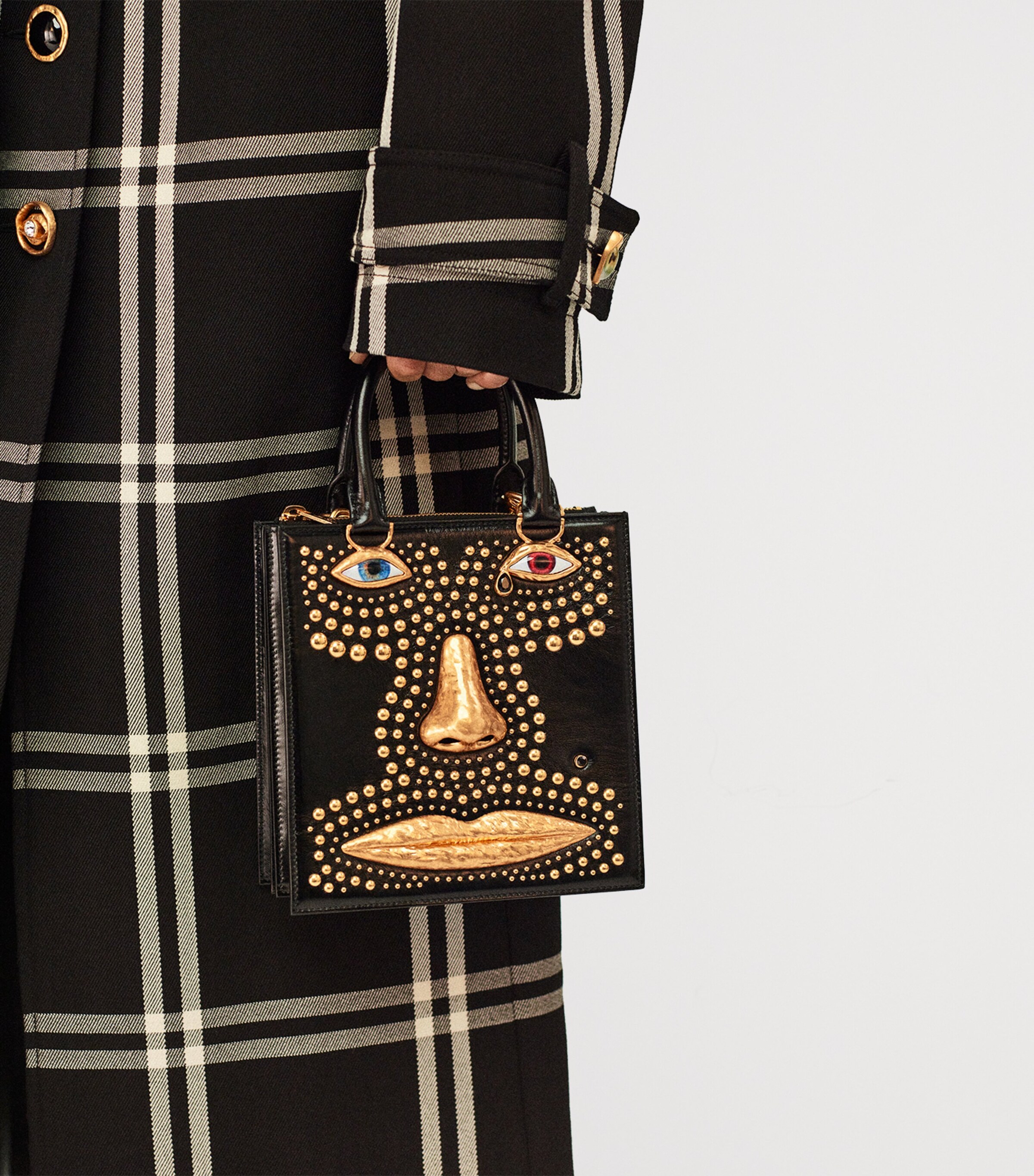 Leather Studded Face Top-Handle Bag 023 GOLD/BLACK Image 2