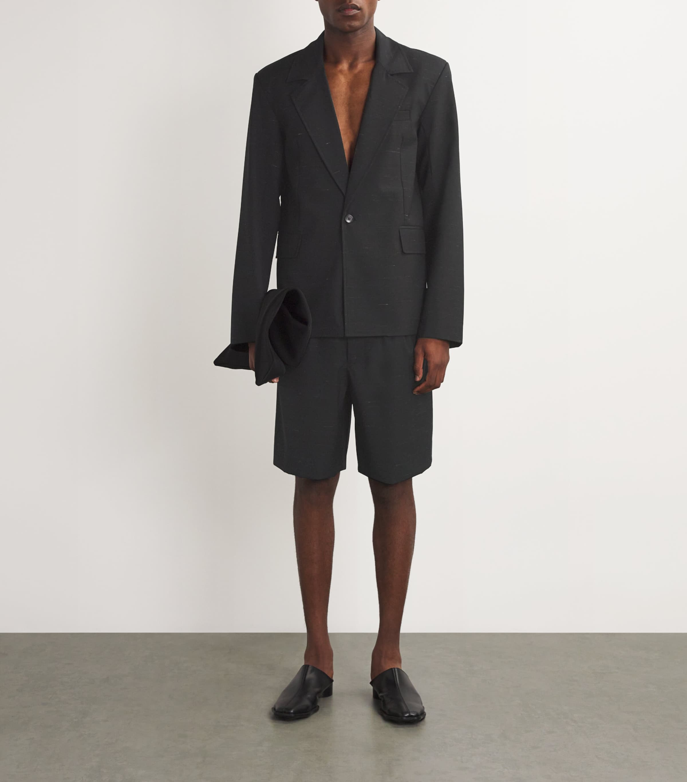 Wool-Linen Heathered Tailored Shorts BLACK Image 6